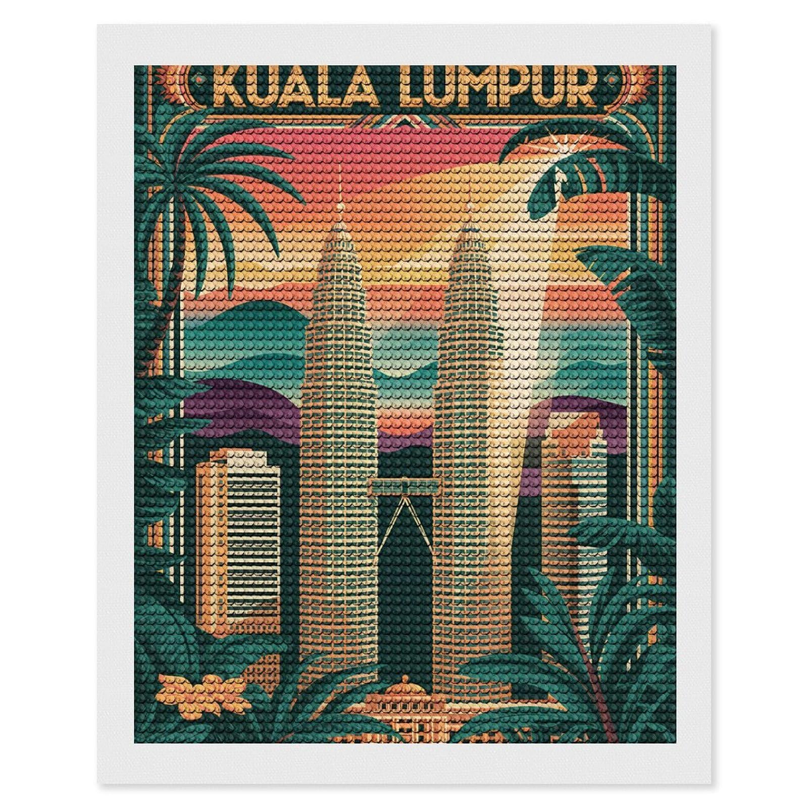 Junmoney Kuala Lumpur Cityscape Art Deco 5D Diamond Painting Kit 16"x20", Relaxing DIY, Mindful Craft Project, Full Kit Included, Thoughtful Present