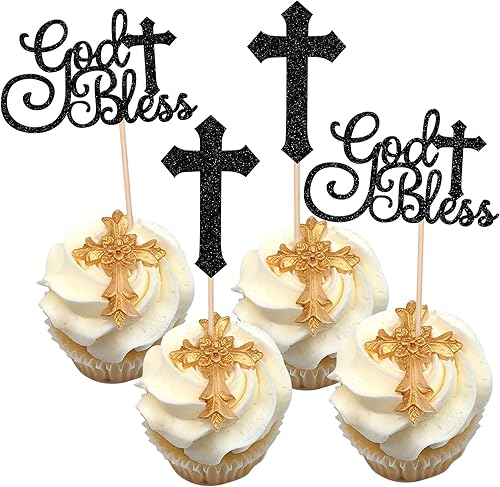 Rsstarxi Paquete de 24 adornos para cupcakes de cruz que Dios bendiga y bautizo, para decoración de pasteles cristianos de primera comunión,