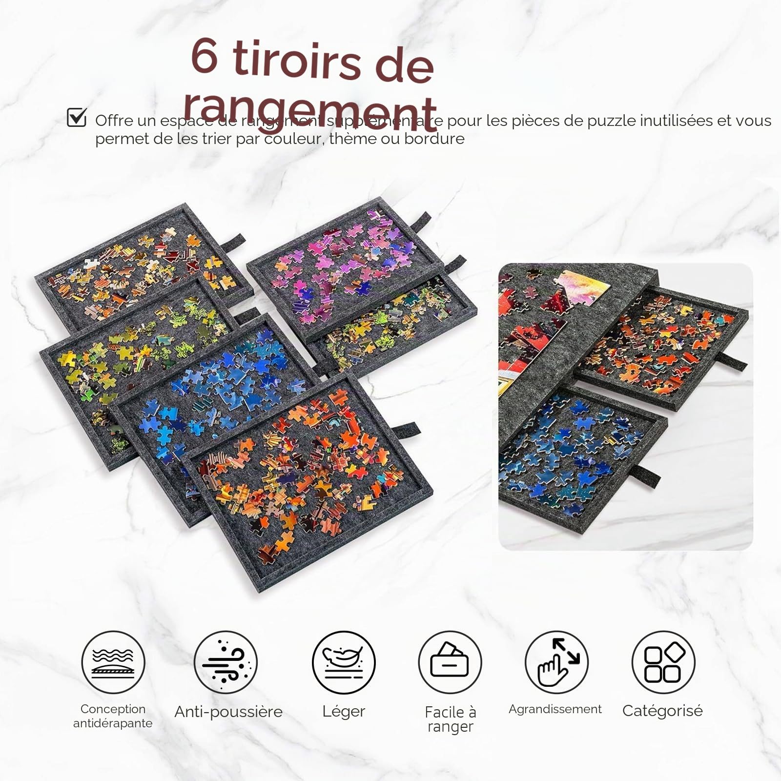 Planche Puzzle 1000 Pieces en Feutre avec 6 Tiroirs, Table Puzzle avec Support et Housse 2 en 1, Puzzle Table Portable pour Adultes, Cadeau de Noël pour Enfants (Noir)