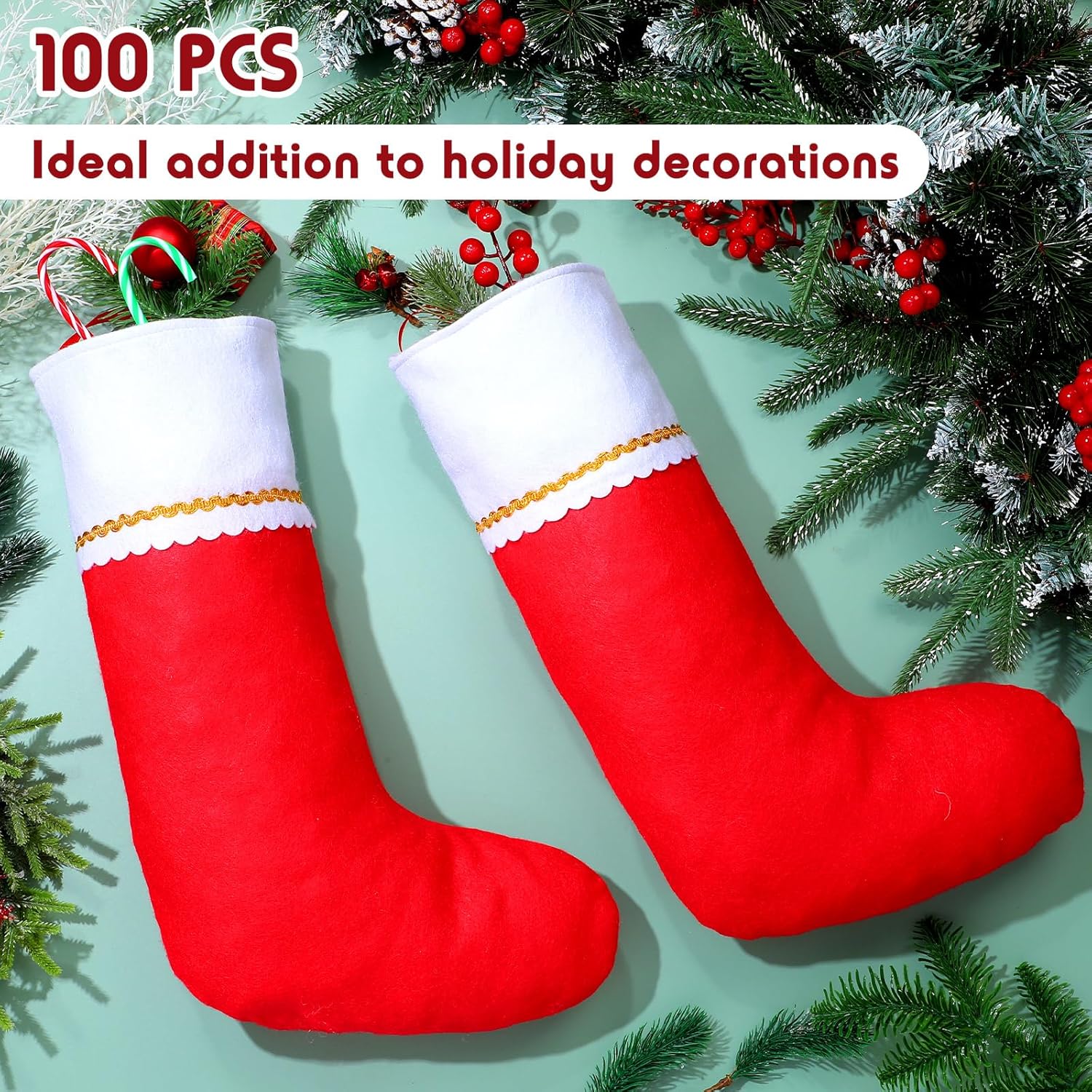 100 Pcs Felt Christmas Stockings Bulk 19 Inch Red Xmas Hanging Stockings Ornament with Plush Cuff Stocking Gift Treat Holder Bags for Xmas Fireplace Christmas Tree Decor Party Favor