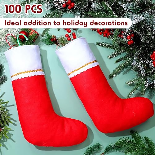 Miniatura 5 de 100 medias de Navidad de fieltro a granel de 19 pulgadas, medias colgantes rojas de Navidad con puño de felpa, bolsas de regalo para chimenea de
