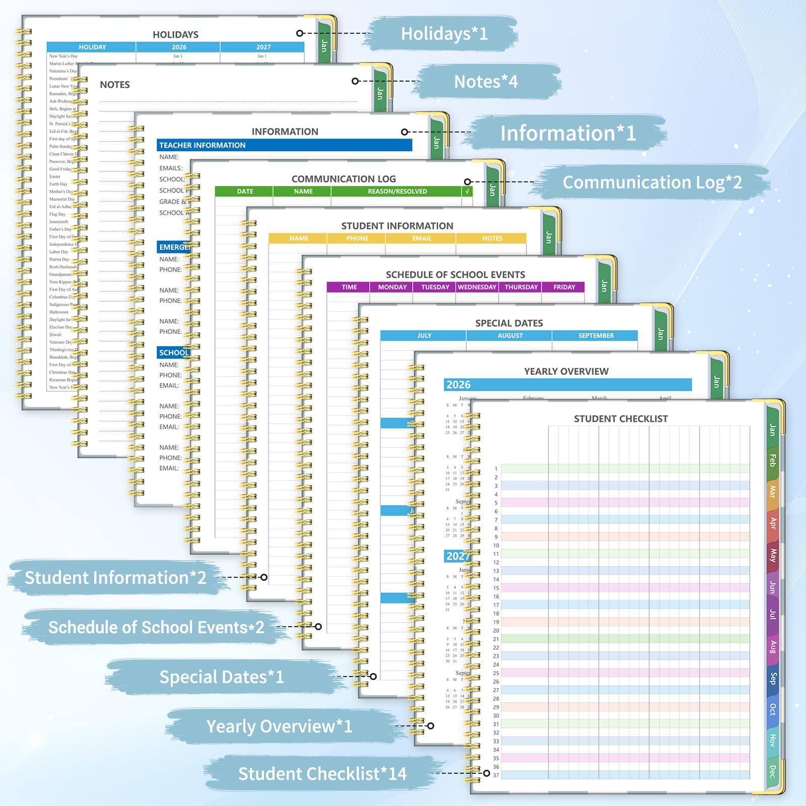 Lehrerplaner 2026–2027, Juli 2026–Juni 2027, akademisches Jahr, 21,6 x 27,9 cm, Unterrichtsplaner-Buch für Lehrerkalender, Spiralbindung, Planungsaufkleber, bunte Monatsregister, blau kariert
