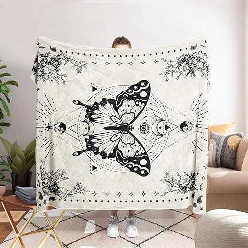 Miniatura 4 de Neasow Manta bohemia de forro polar, color beige y blanco, acogedora manta para siesta con diseño de medallón de margaritas punteadas para cama,