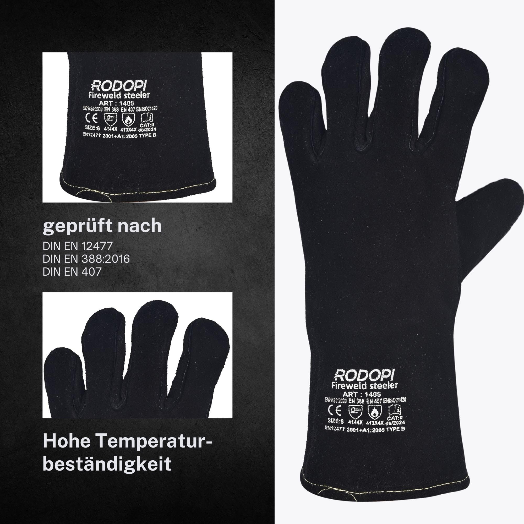 RODOPI Schweißerhandschuhe Schwarz FIREWELD-Steeler 1-10 Paar Gefüttert Rindspaltleder Arbeitshandschuhe für Damen und Herren | Gr. 8-11 | EN 12477 Typ A, EN 388, EN 407 | Hitzebeständig, Abriebfest