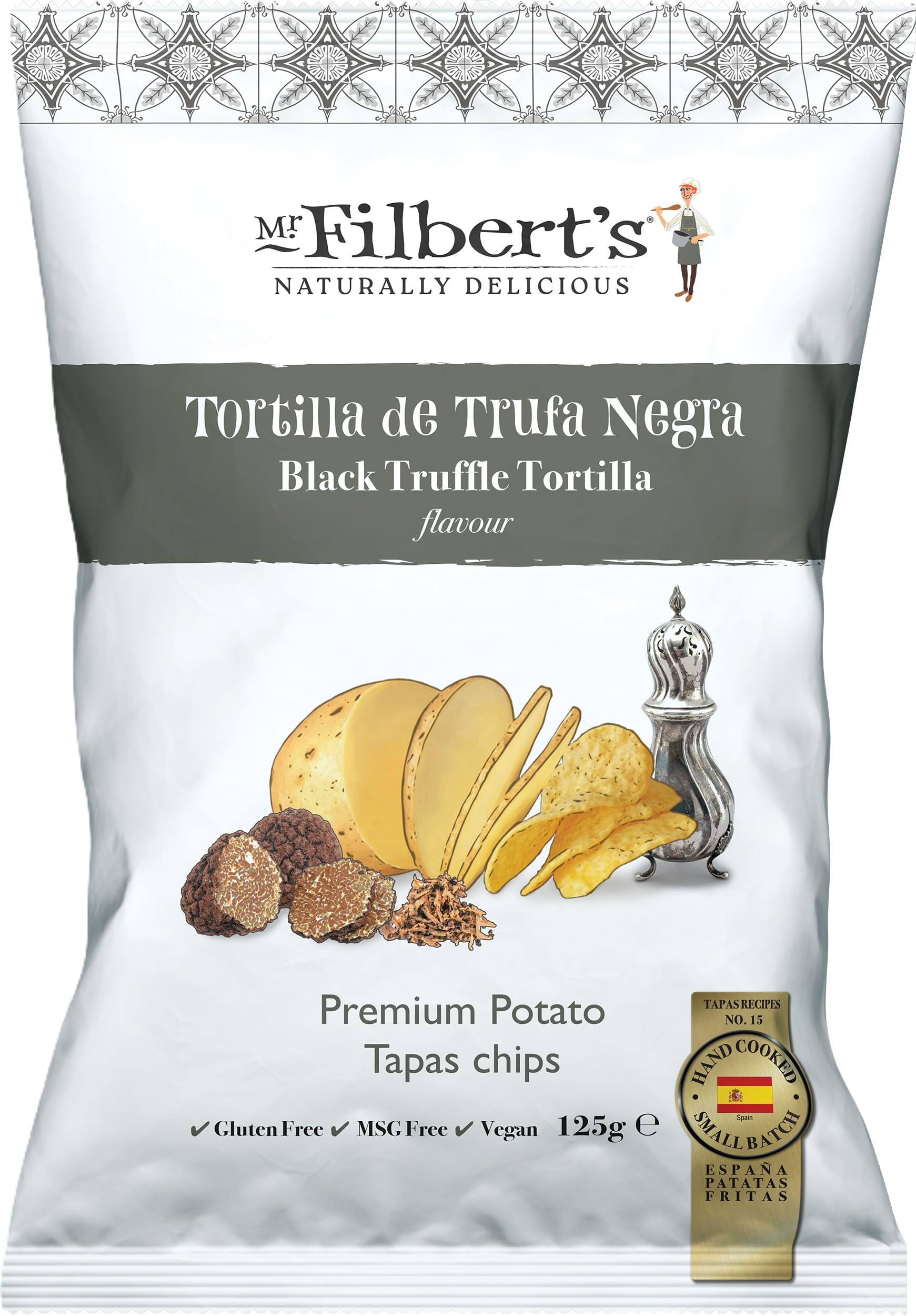 Mr Filbert’s Black Truffle Tortilla Crisps, Spanish Hand Cooked Potato Chips, Savoury Crisps with Rich Truffle Flavour, 125g