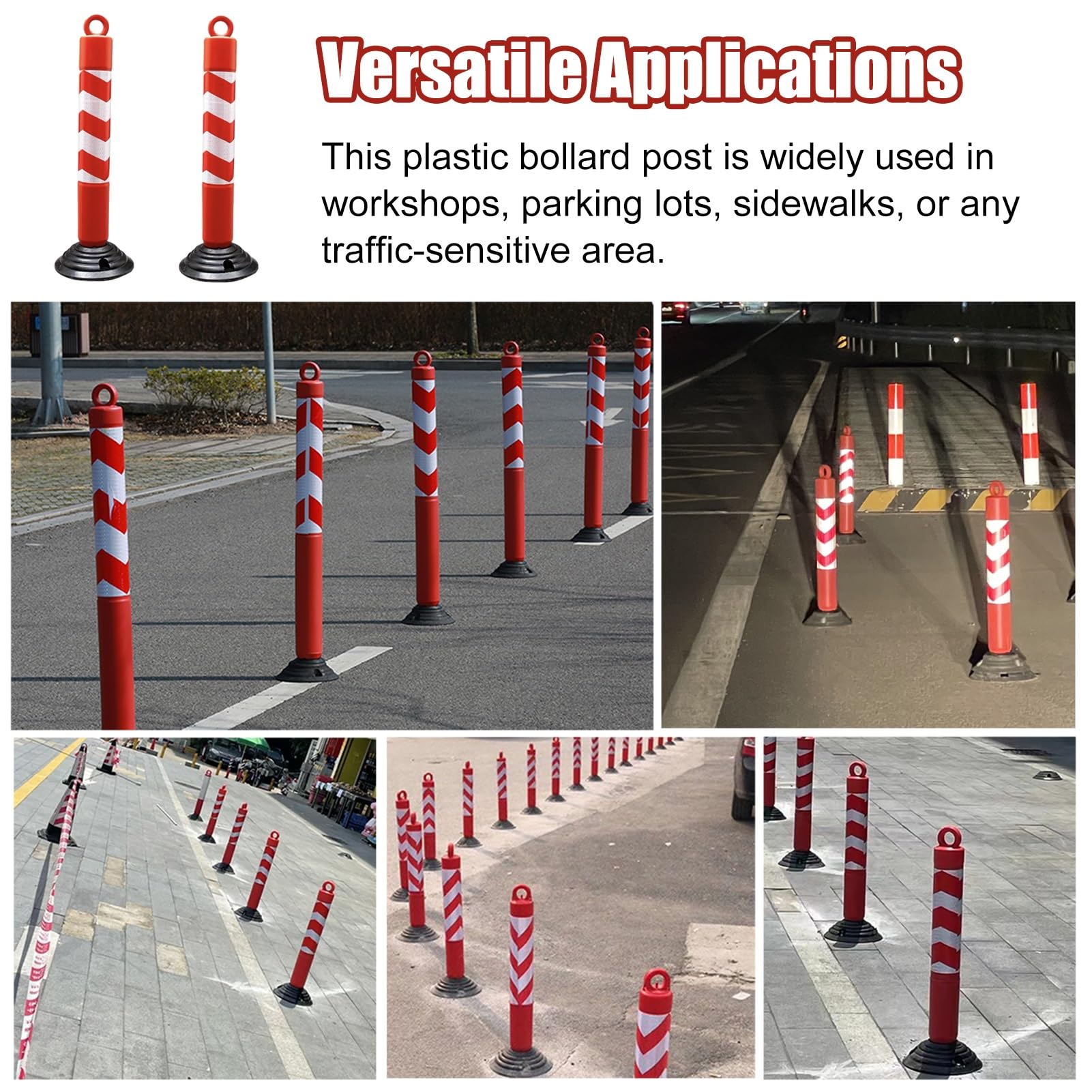 Poste de estacionamiento de plástico, 4 bolardos de seguridad flexibles con cintas reflectantes para delinear el tráfico y precaución del espacio en la carretera