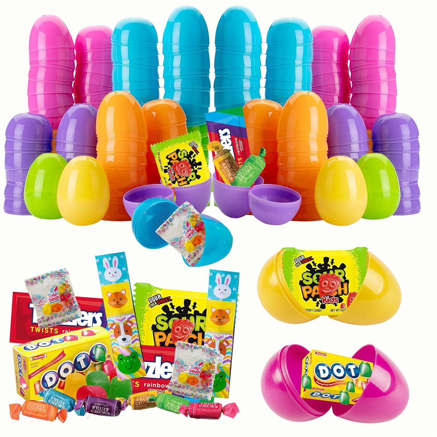 Prefilled Easter Eggs with Candy, 100 Count Bulk, Assorted Colors Plastic Eggs with Spring Themed Chocolate Candy Mix and Stickers for Egg Hunts, Goodie Bags, Basket stuffers for Kids, Girls and Boys