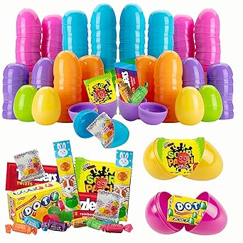 Prefilled Easter Eggs with Candy, 100 Count Bulk, Assorted Colors Plastic Eggs with Spring Themed Chocolate Candy Mix and Stickers for Egg Hunts, Goodie Bags, Basket stuffers for Kids, Girls and Boys