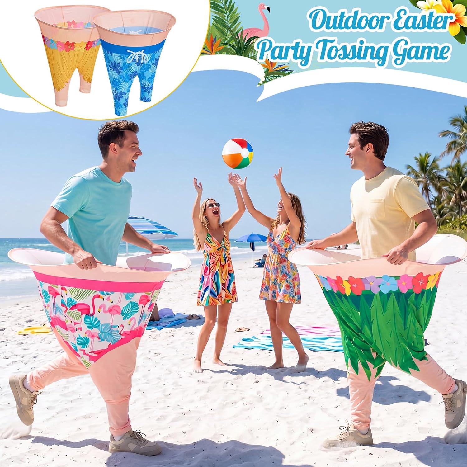 21 Pcs Hawaiian Luau Party Game Set, 4 Summer Theme Giant Granny Pants with 1 Pump 12 Beach Balls & 4 Funny Tropical Palm Flamingo Glasses, Outdoor Tossing Activity for Family Adults