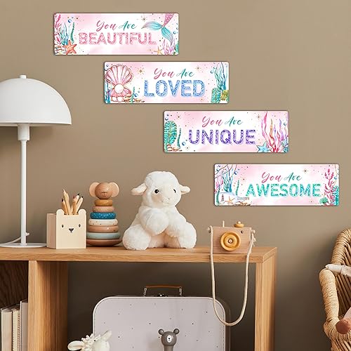 Miniatura 6 de 4 piezas de decoración de baño de sirena para niñas, 11.8 x 3.9 pulgadas, decoración de pared bajo el mar, letrero de madera, arte de pared