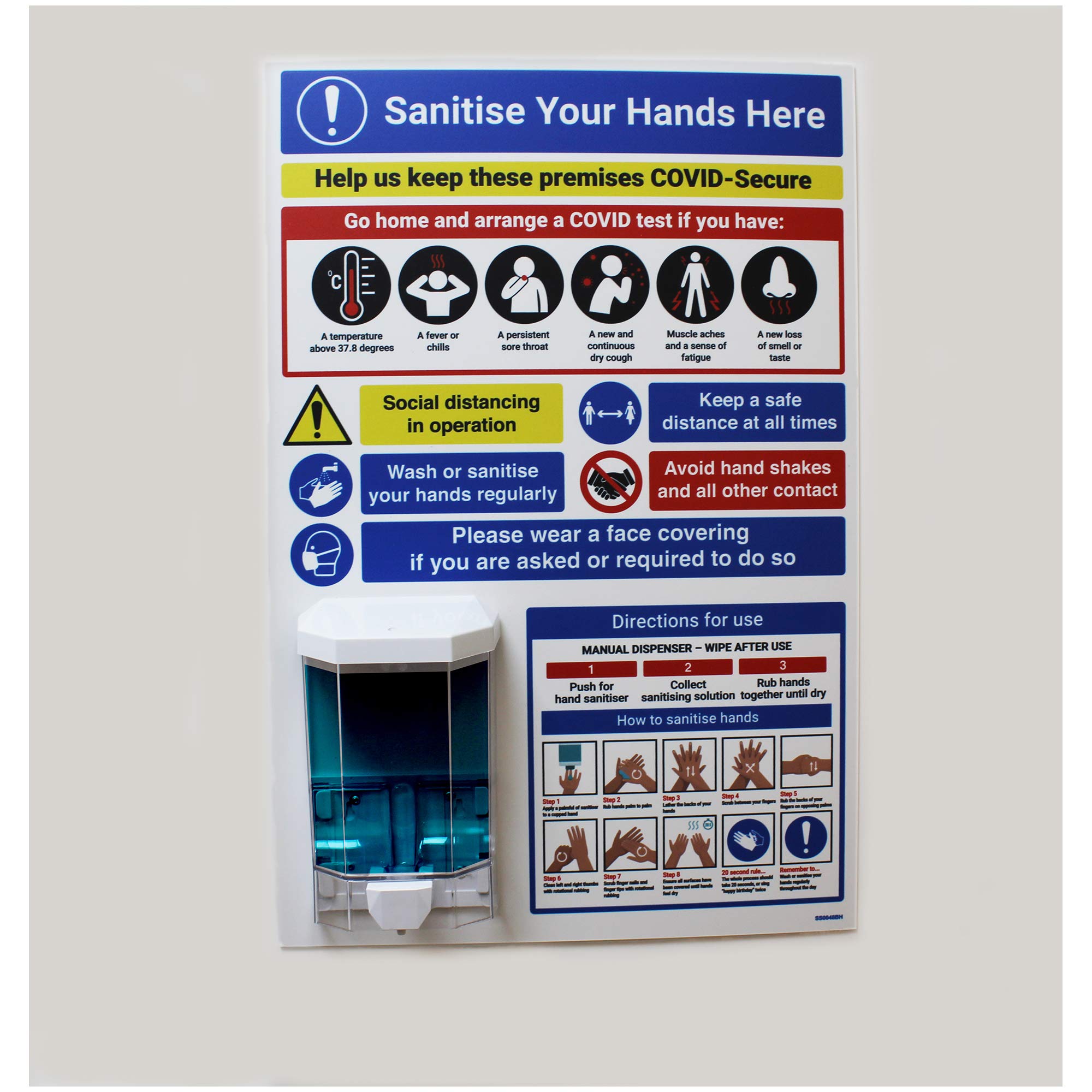 Vsafety Sanitise Hands Here Tableau pour distributeur manuel – 400 mm x 600 mm – Plastique rigide de 2 mm