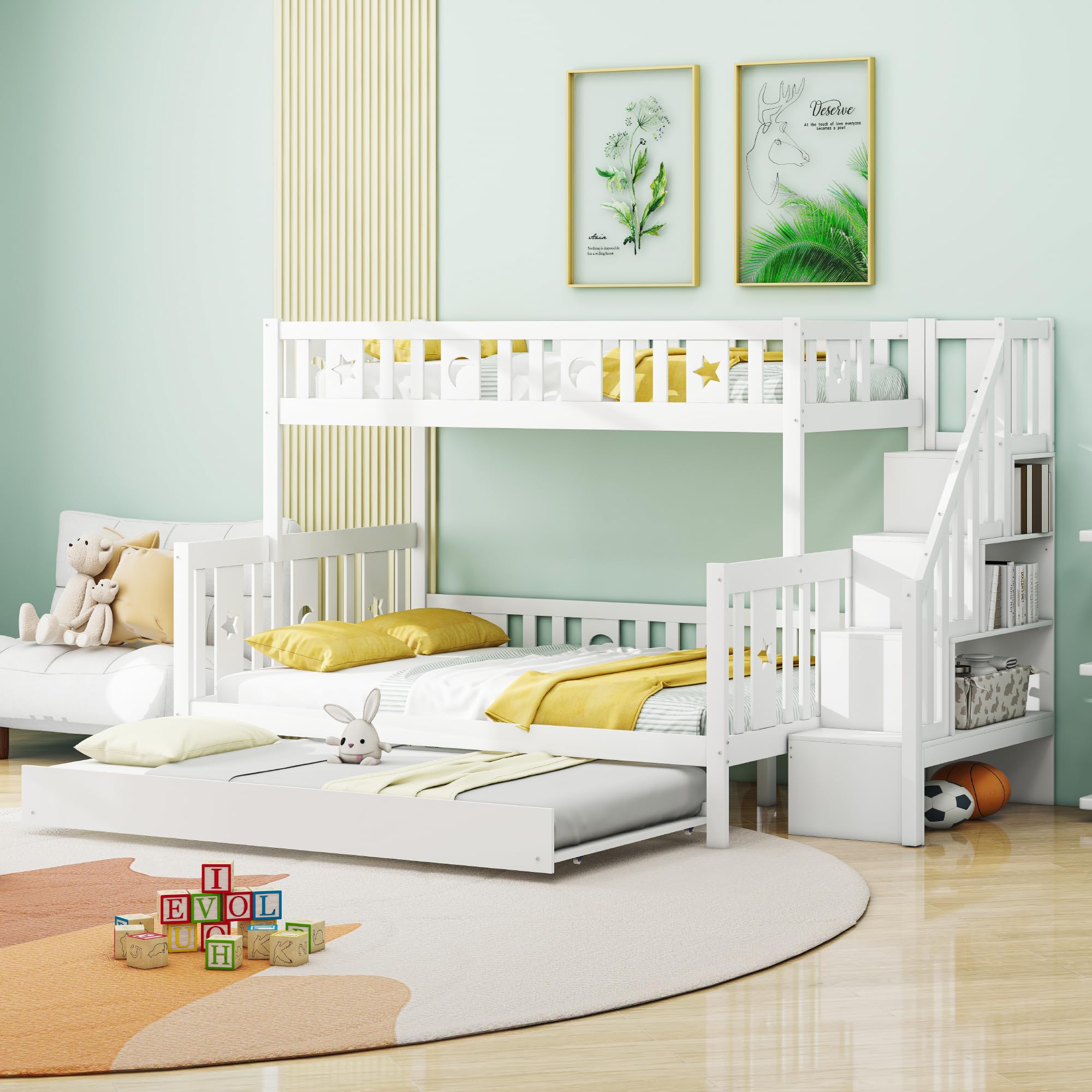 YESGIGA 90 x 200/140 x 200 cm, letto a castello in legno massello con scala di sicurezza, letto a rotelle e rete a doghe (con letto arrotolabile A)