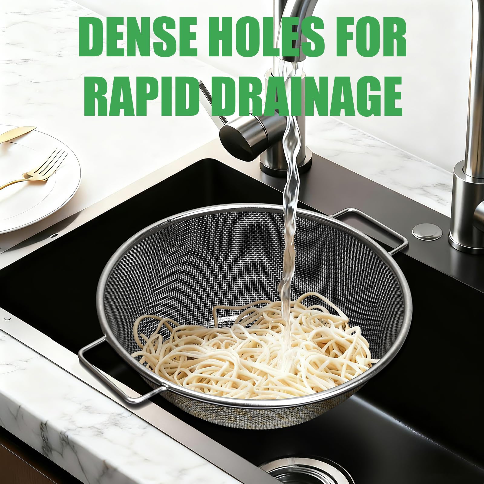 Set 3 Scolapasta in Acciaio Inox con Manici, Micro-Perforato per Drenaggio Veloce, Scolapasta per Pasta, Riso, Verdura e Frutta, Forte e durevole, Facile da Pulire (18/22/24 cm)