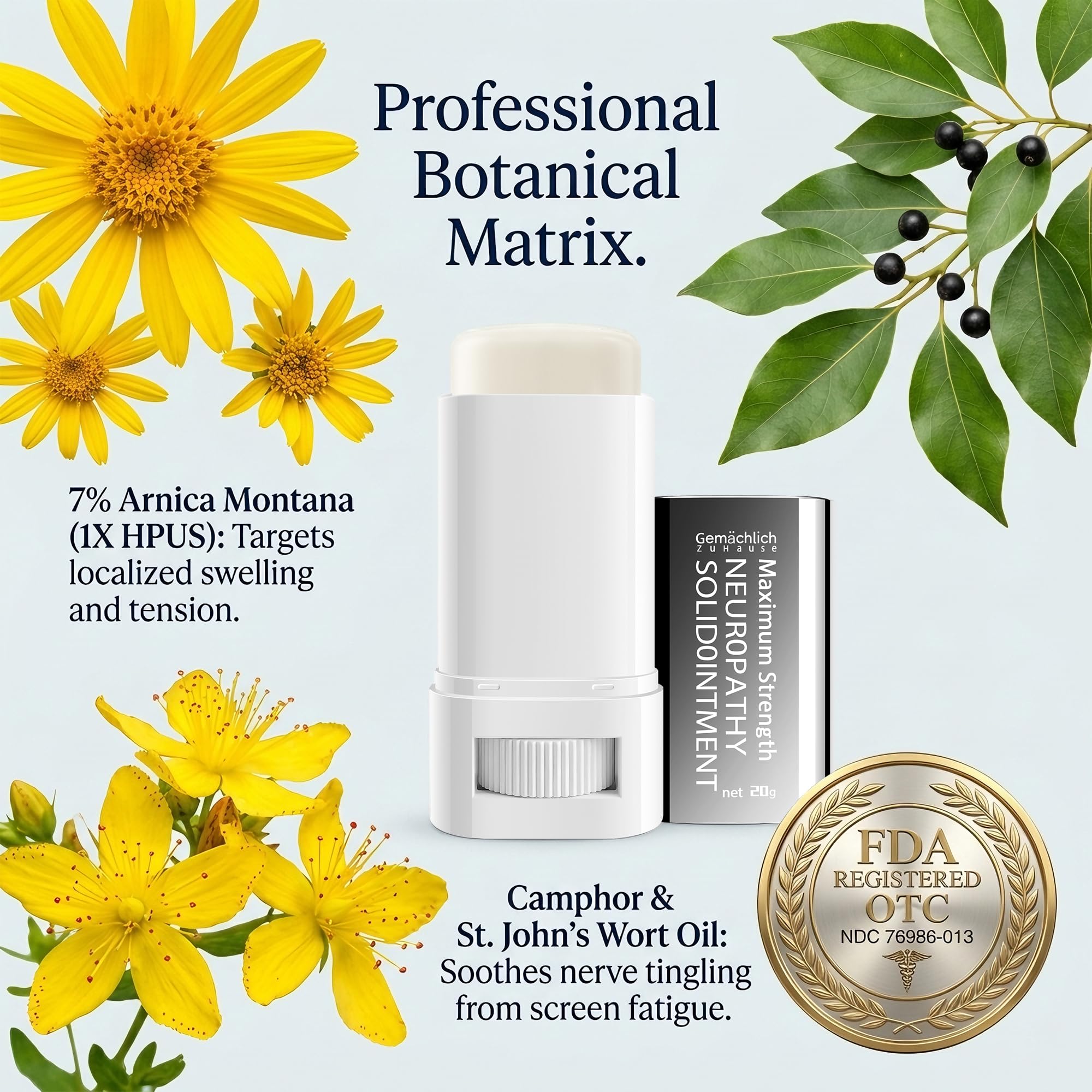 NDC Listed Cervical Spine Pain Relief Arnica Gel Stick GMP Grade OTC Care with Camphor and Hypericum Perforatum Oil for Stiff Neck Neuropathy and Bruises 0.71oz — Amazon image 4