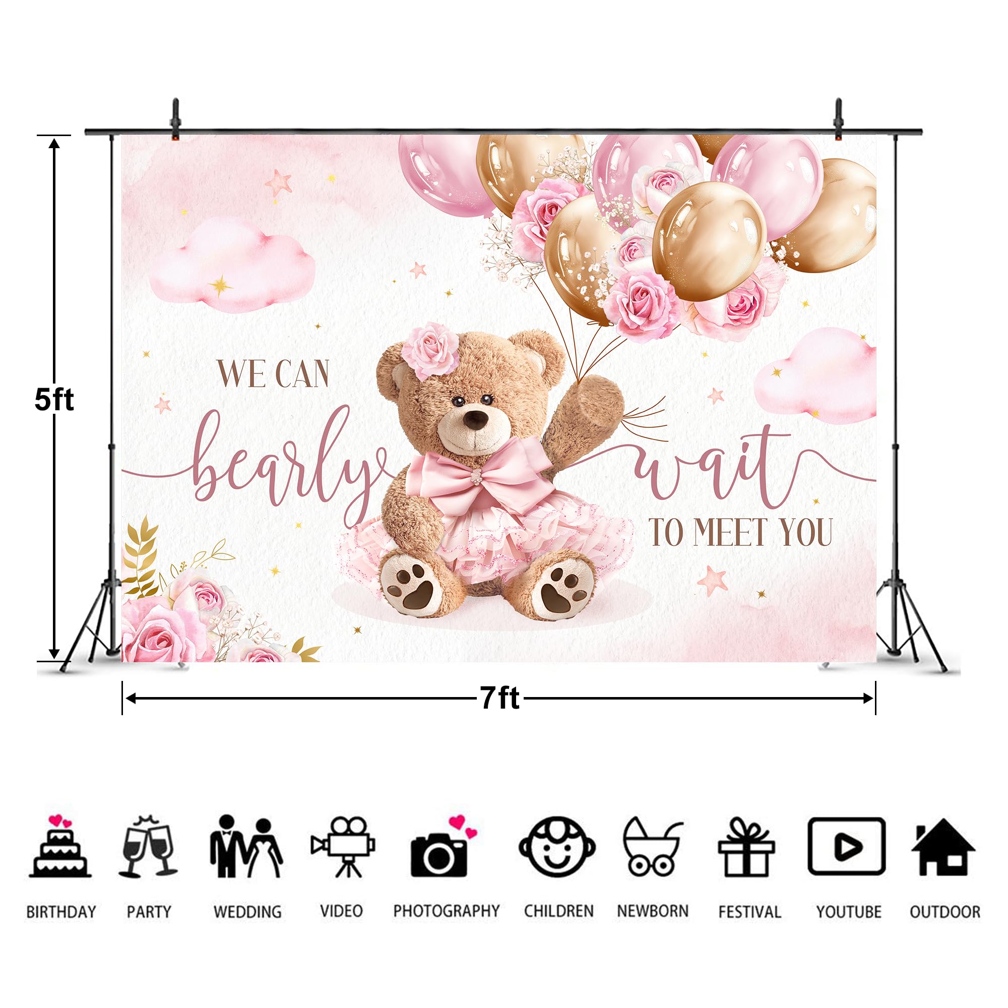 Fotohintergrund Für Babyparty – Motiv 'We Can Bearly Wait' Mit Bär & Eukalyptus | 180x110 Cm Vinyl