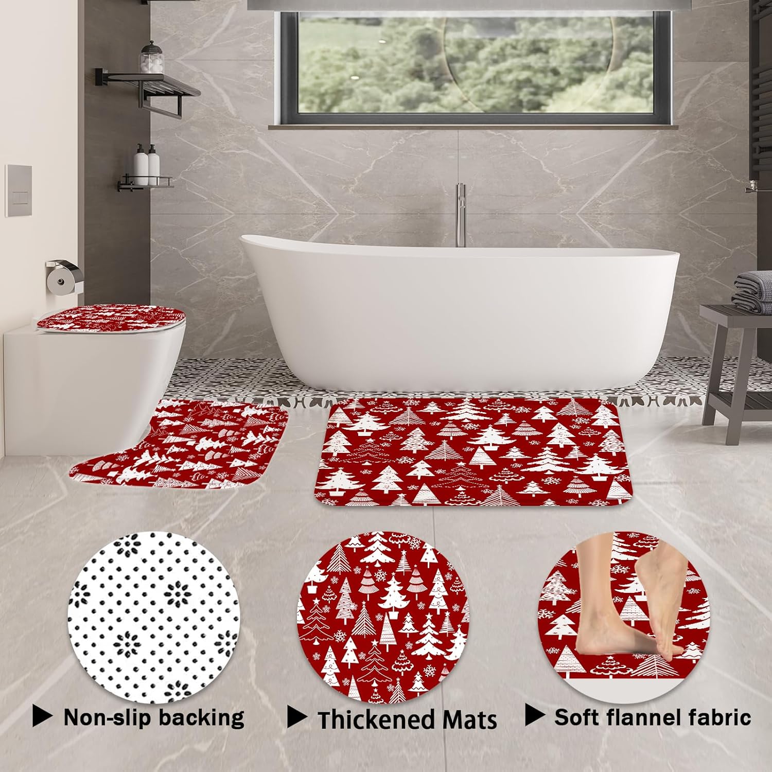 4pcs Christmas Shower Curtain Sets with Non-Slip Rugs Toilet Lid Cover and Bath Mat Christmas Tree Shower Curtain Sets with 12 Hooks Winter Red Xmas Snowflake Pattern Holiday Christmas Bathroom Decor
