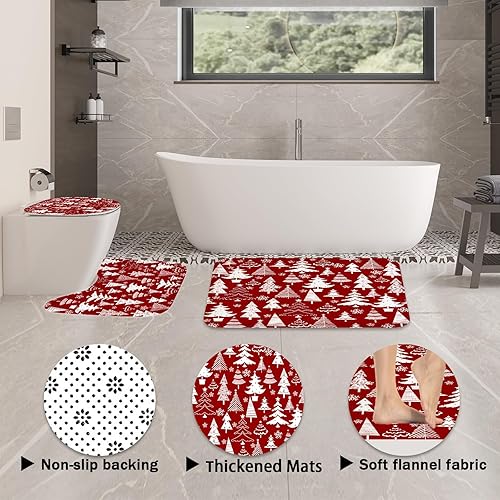 Miniatura 5 de Juego de 4 cortinas de ducha con alfombras antideslizantes, cortina de baño de Navidad con 12 ganchos, cubierta para tapa de inodoro y tapete de