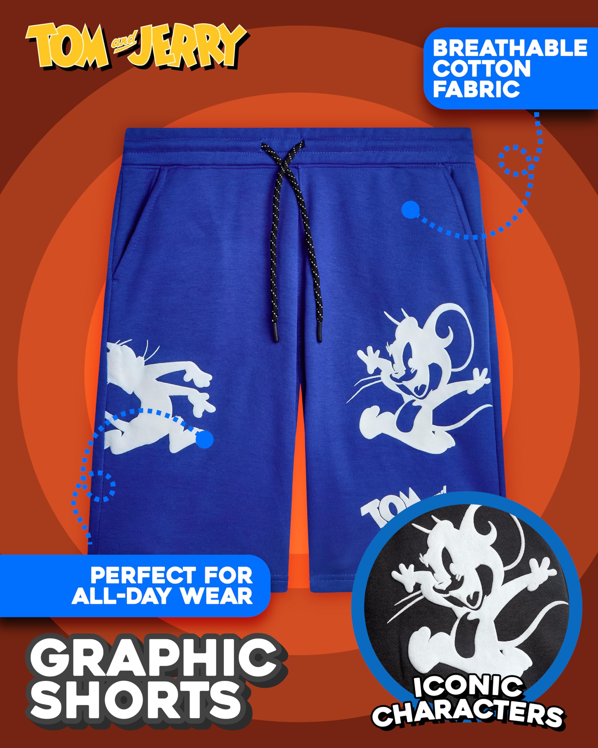 Southpole Tom & Jerry - Pantaloncini sportivi da uomo, in cotone leggero, estivo, con grafica, da uomo (taglie: S-XL)