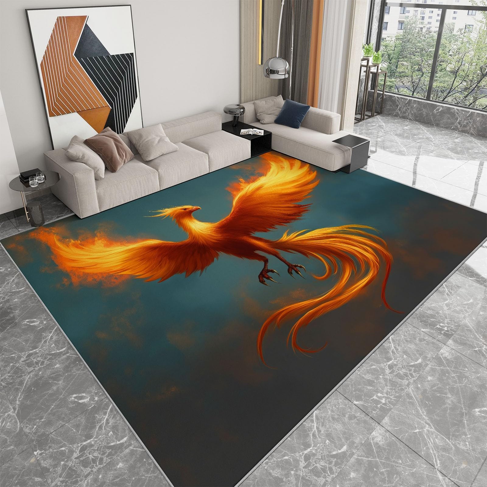 Grand tapis salle a manger phénix fantastique bleu foncé 60x90cm lavable et antidérapant
