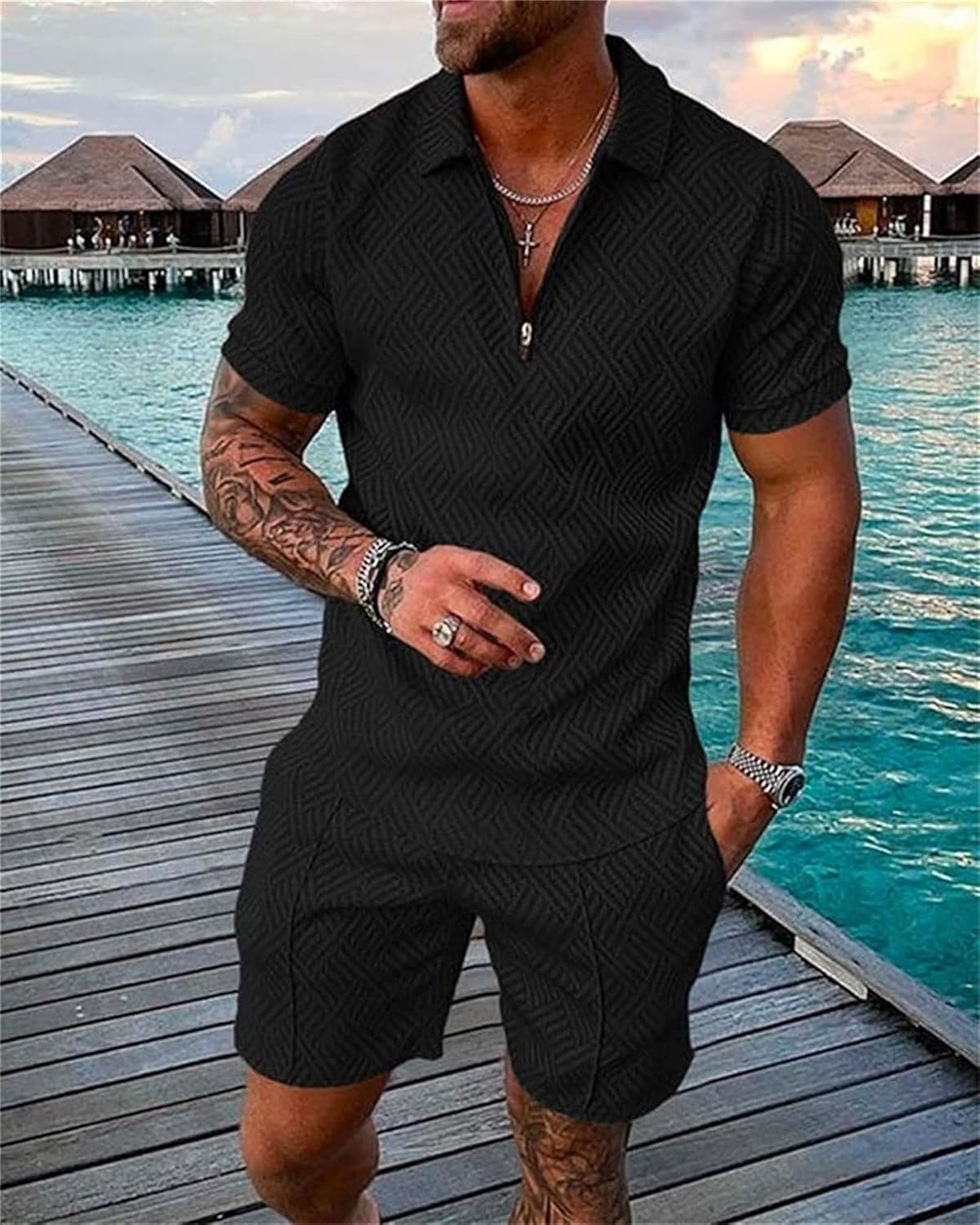 Black S Men Track Suits 2 Piece Set Summer Casual Outfits Fashion Polo Shirts Short Sleeve and Shorts Set Vacation Clothes - Image 2
