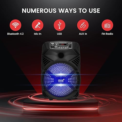 Miniatura 3 de Pyle Altavoz Bluetooth PA portátil de 8 pulgadas, potencia máxima de 300 W, batería recargable, luces LED intermitentes, radio MP3USBFM, entrada