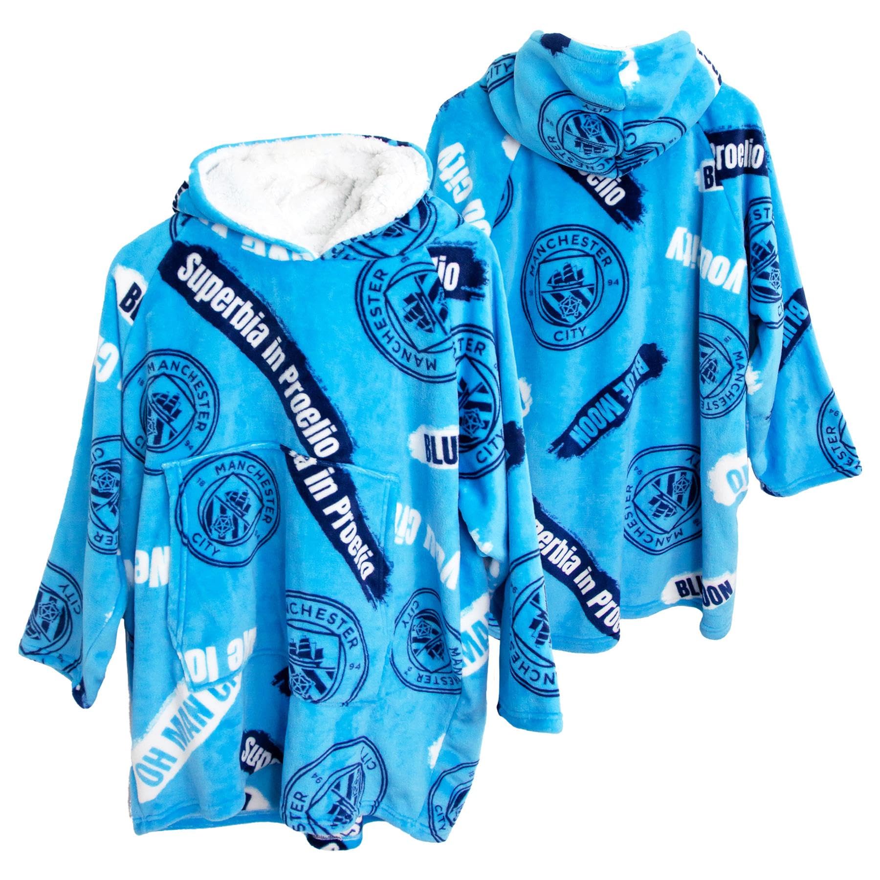 Character World Manchester City Oversized Wearable Fleece Blanket | Super Warm & Cosy | All-Over Crest Pattern Design | Premium Sherpa Lined | Perfect for Kids Aged 7-12 Years, Suggested Height 75cm+