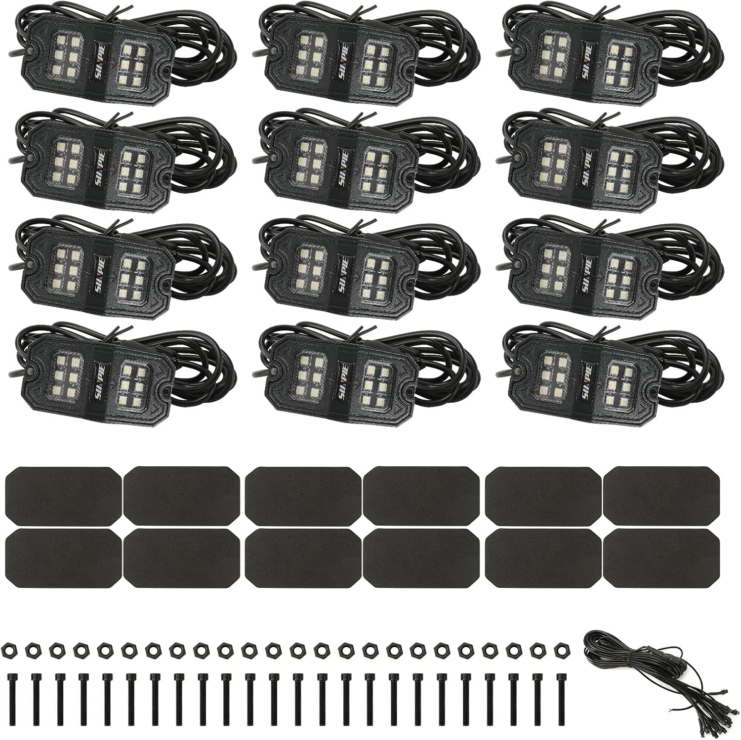 SUNPIE 12 Pods White Rock Lights – Quick Connect, 18 Wide-Angle Chips, 4M Extension Wires, 6000K Pure White, IP67 Waterproof, Fits Trucks, SUV, ATV, UTV, Trailer