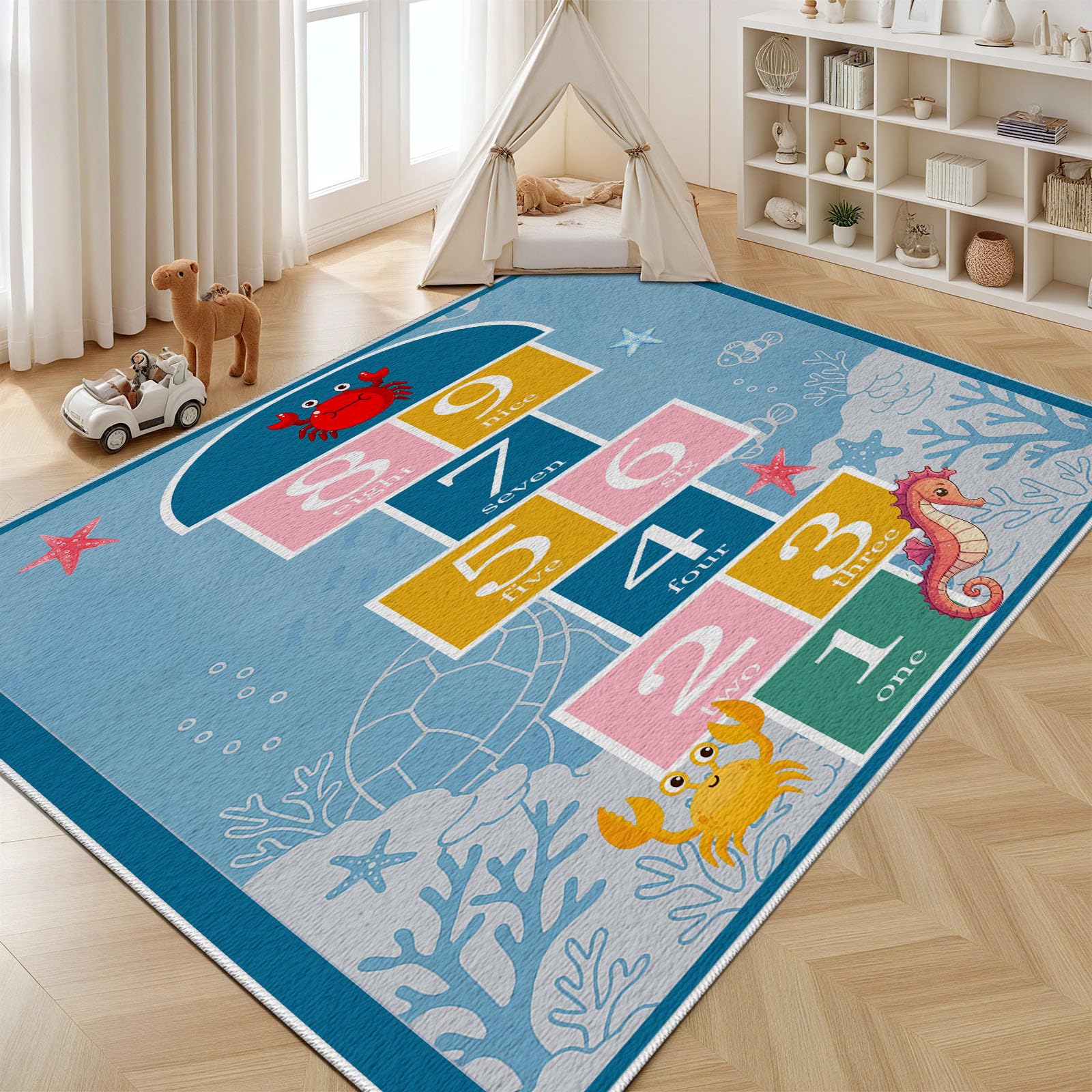 Hüpfspiel Meer Teppich Schlafzimmer 120x180 cm, Zahlen Hopscotch Waschbarer Antirutschmatte Teppiche Kinderzimmer Seepferdchen Carpet Weich für Wohnzimmer Jugendzimmer