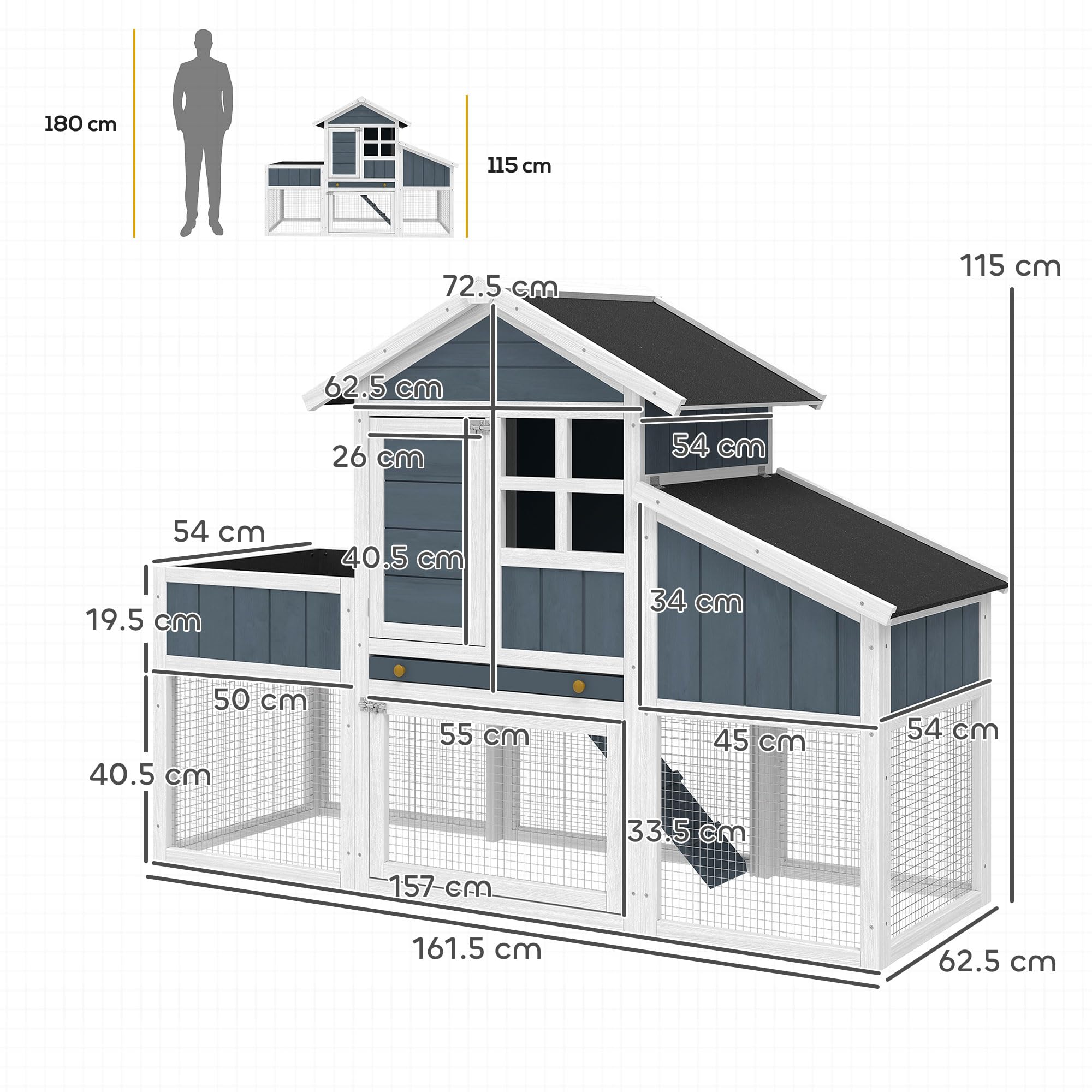 PawHut Pollaio Prefabbricato in Legno con Area Aperta, Pollaio per Galline da Esterno, Casetta per Galline e Nido per la Cova, Aiuola e Tetto in Asfalto, Grigio