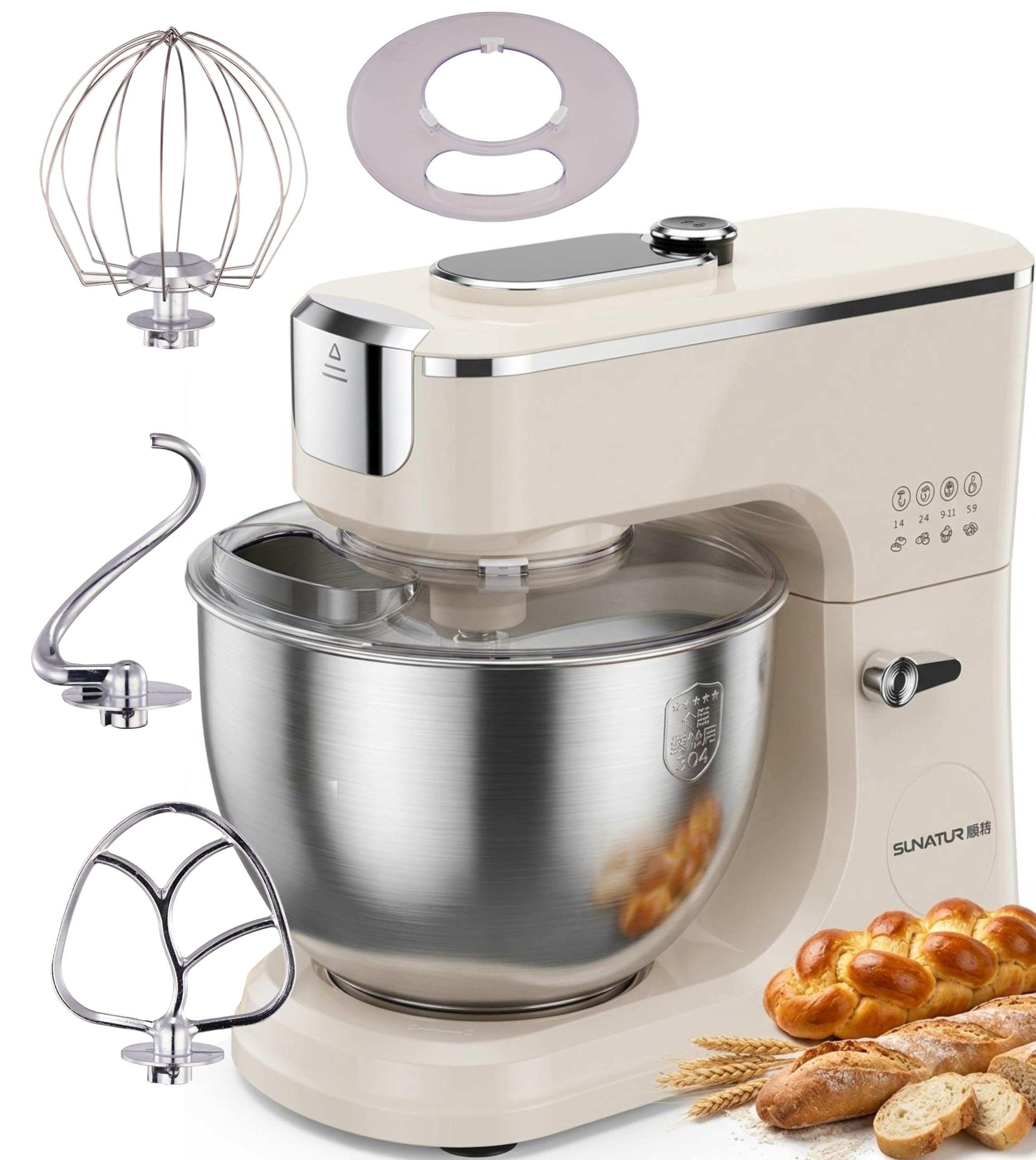 Robot pâtissier 2000W,8L,grande capacité,minuterie,commande intelligente à11vitesses, écran numérique,mode fermentation,5fonctions préréglées,4accessoires,ventouses,démarrage en un clic Pétrin