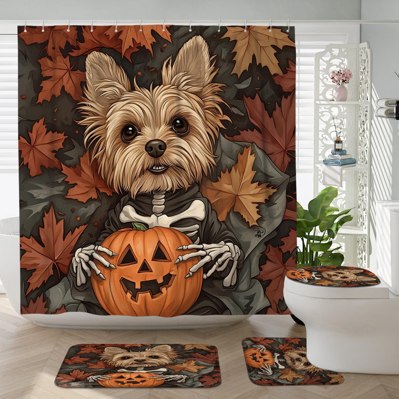 Rideau de douche citrouille Halloween avec tapis de bain assortis