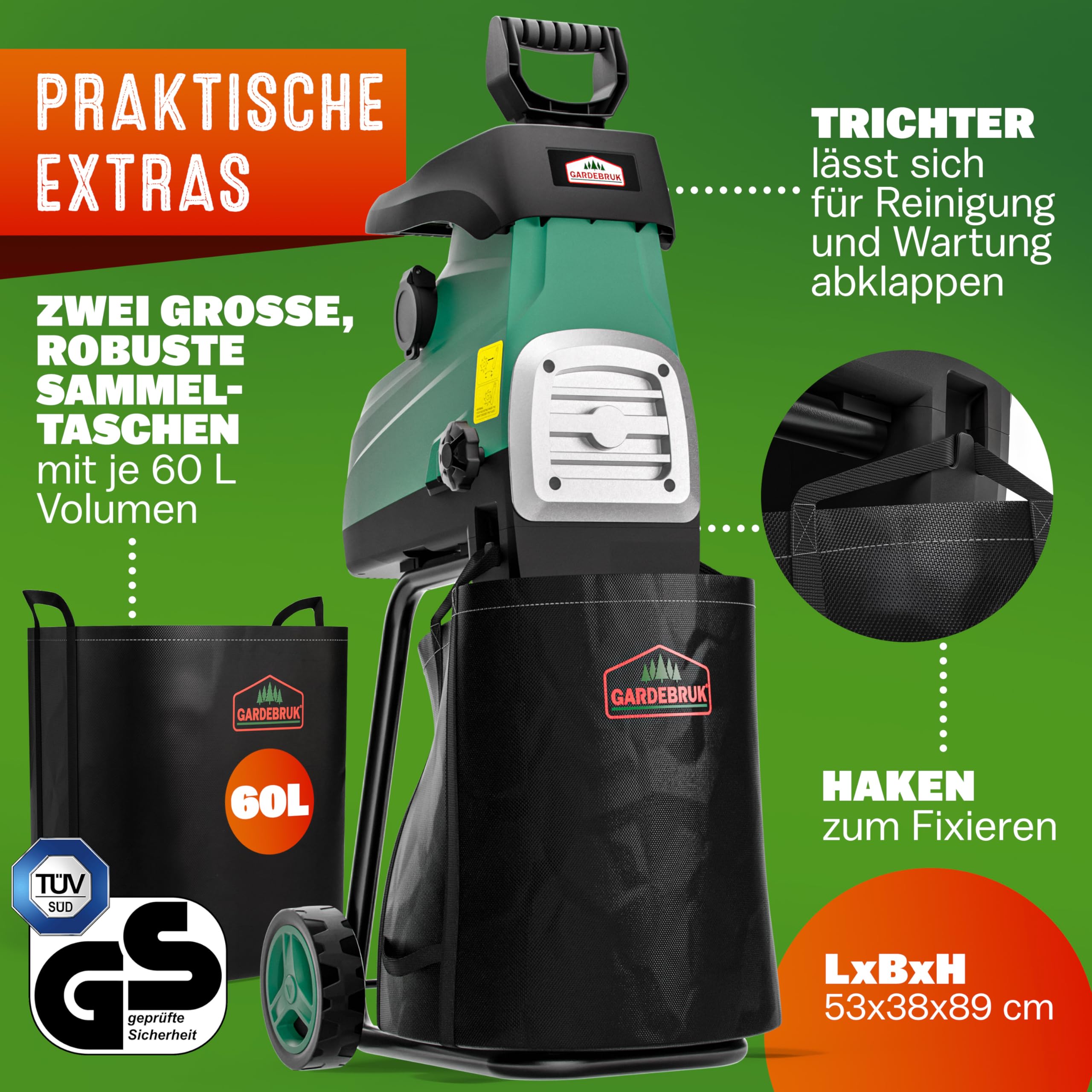 Gardebruk Leisehäcksler 3100 W 44 mm Elektrischer Gartenhäcksler Walzenhäcksler