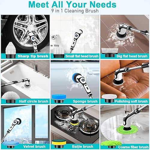 Miniatura 7 de Limpiador eléctrico giratorio, cepillo de limpieza inalámbrico para el hogar, 550 RPMMins-9 cabezales de cepillo reemplazables, tiempo de trabajo de