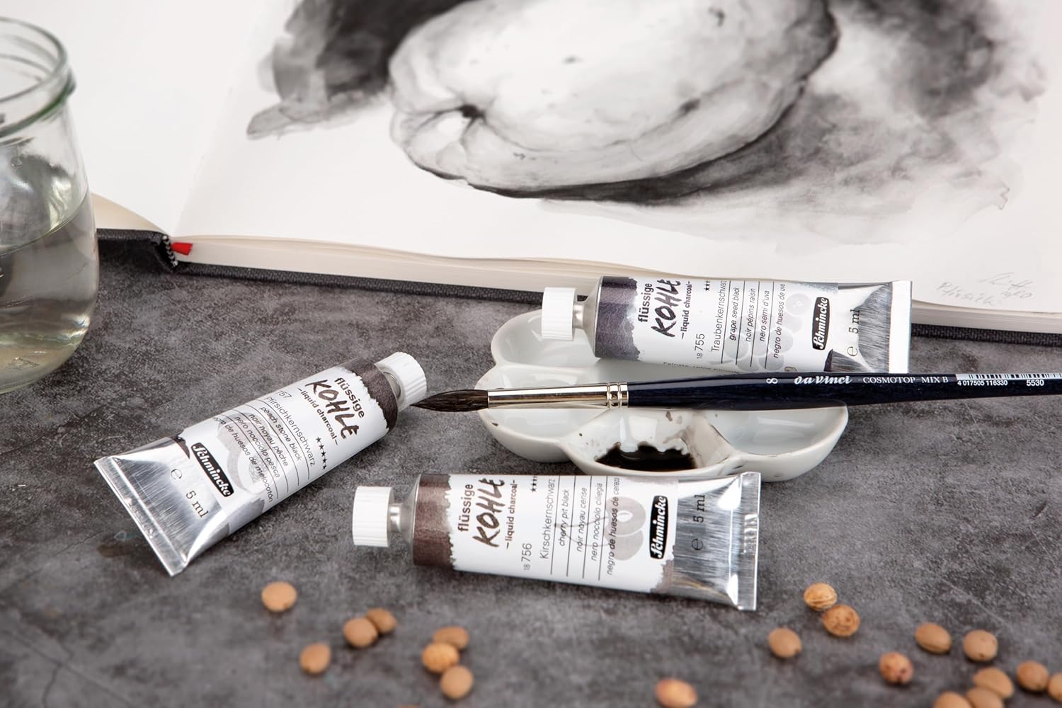 Schmincke - Liquid Charcoal, 18 758 097, set of 3 tubes à 5 ml, vegan liquid charcoal for painting and pre-sketching, ideal test set with all 3 black colors
