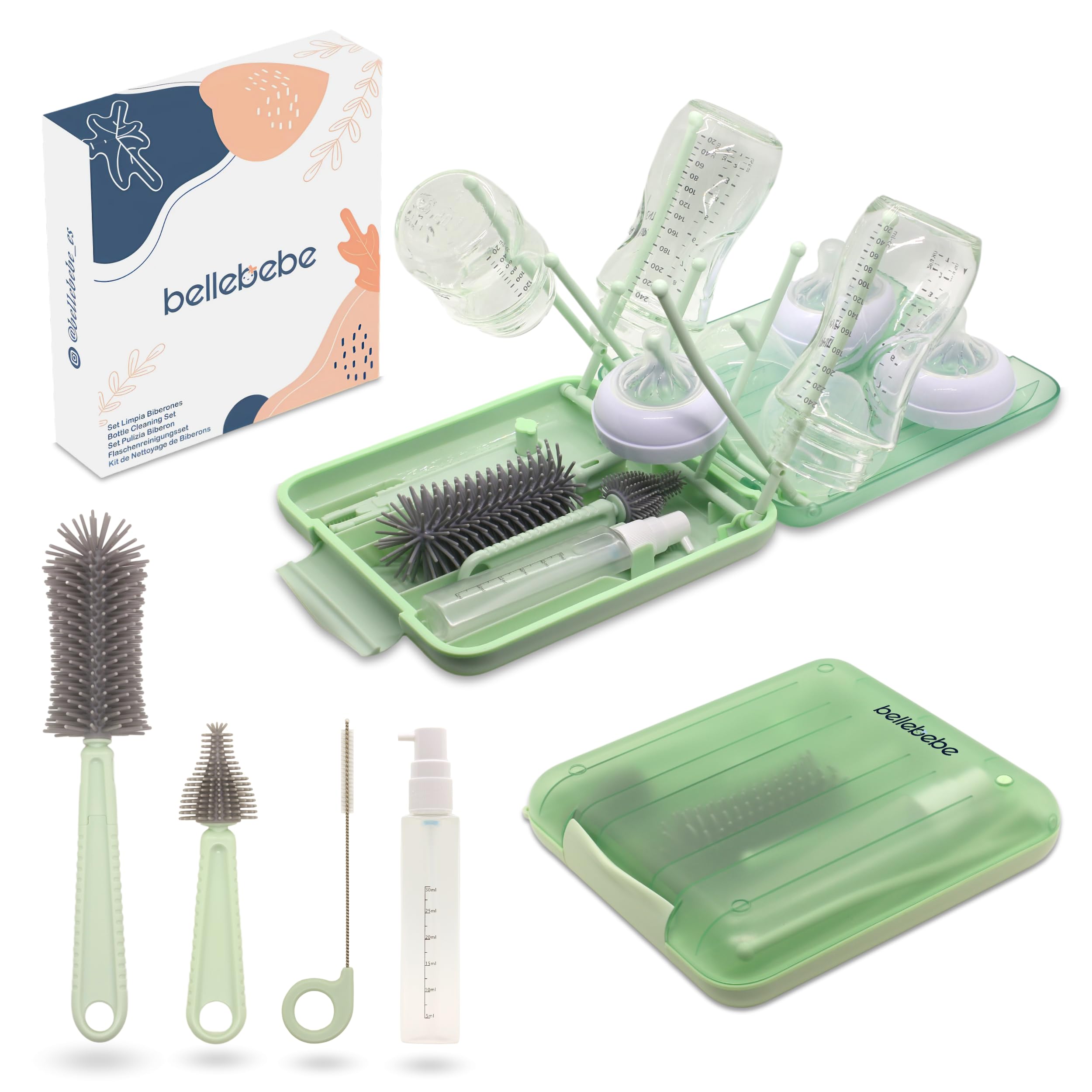 BELLEBEBE Set Escurre Biberones con Limpia Biberones - 6 en 1 Kit Cepillo Limpia Biberones con escurre biberones Plegable - Portatil - Transportable - Regalo para Bebe - SIN BPA - Verde