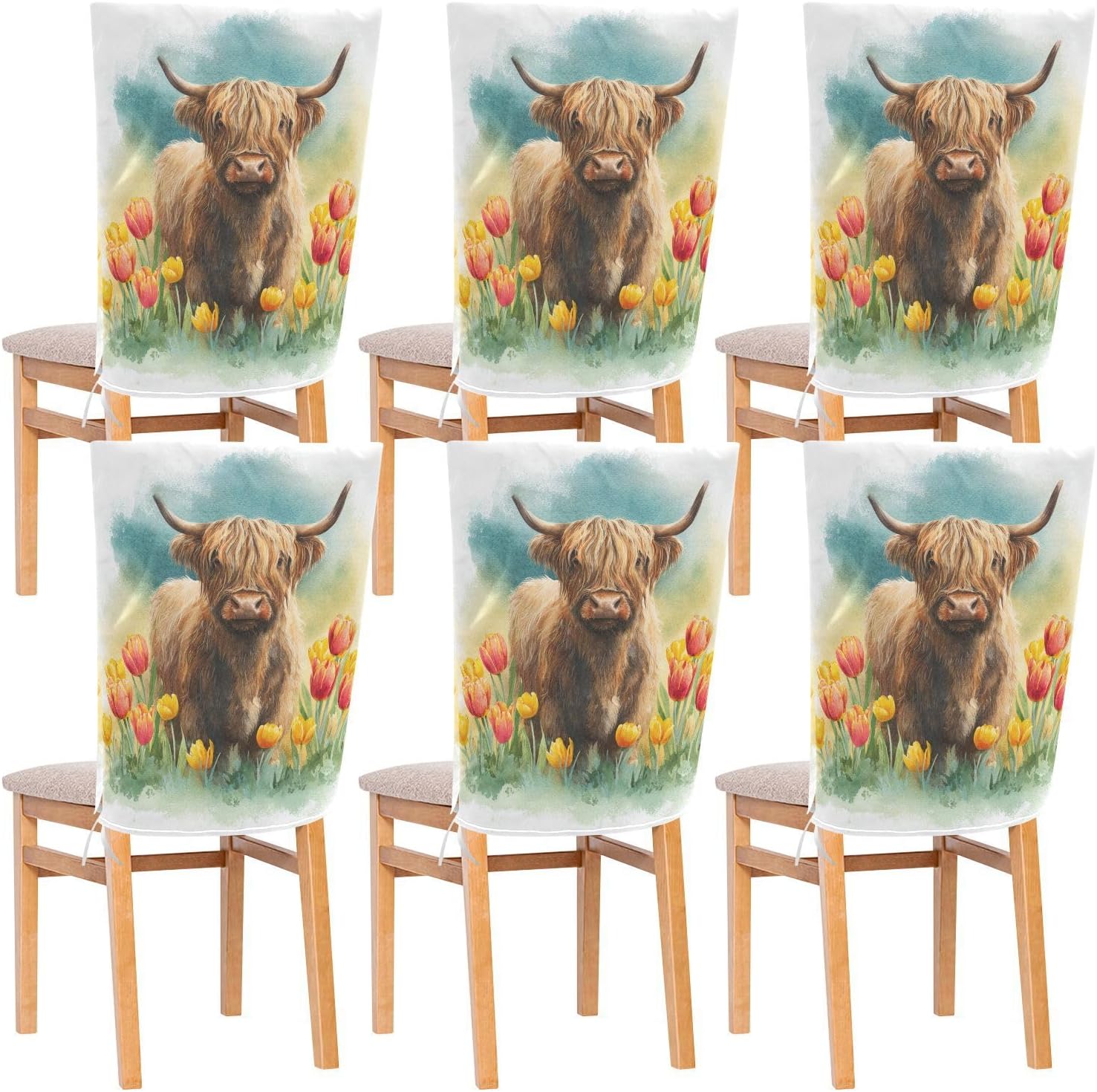 ALAZA Highland Cow Tulips Flowers Chair Back Cover Set of 6, Washable Reusable Removable Chair Slipcovers Decorative Chair Cover for Home Kitchen Wedding Party