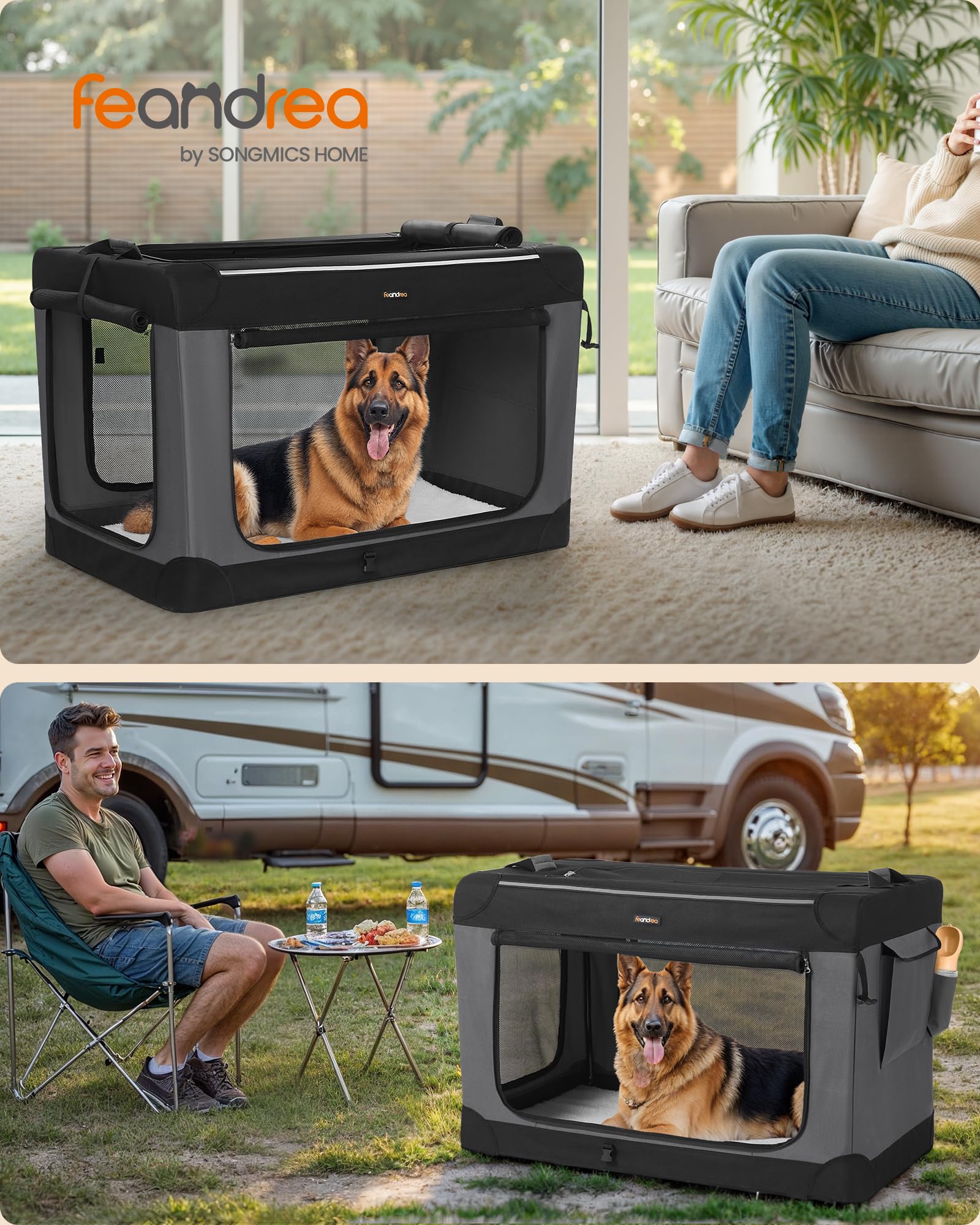 Feandrea Hundebox faltbar, 106,7 cm Transportbox für große Hunde, Hundetasche, Oxford-Gewebe, mit 4 Türen aus Netzstoff, Griffen, Taschen für Futter und Wasserflasche, tintenschwarz PDC021B01