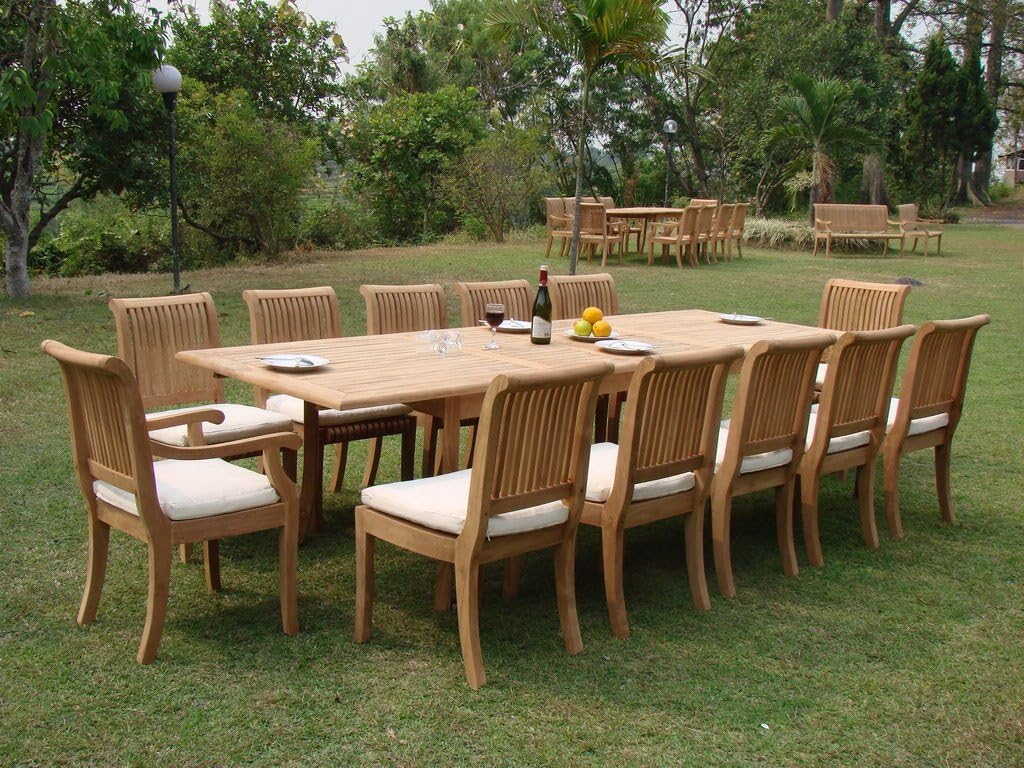 Grade-A Teak Wood 12 Seater 13 Pc Dining Set: Very Large 122" Caranasas Double Extension Rectangle Table 12 Giva Chairs (10 Armless and 2 Arm/Captain) #WFDSGV15