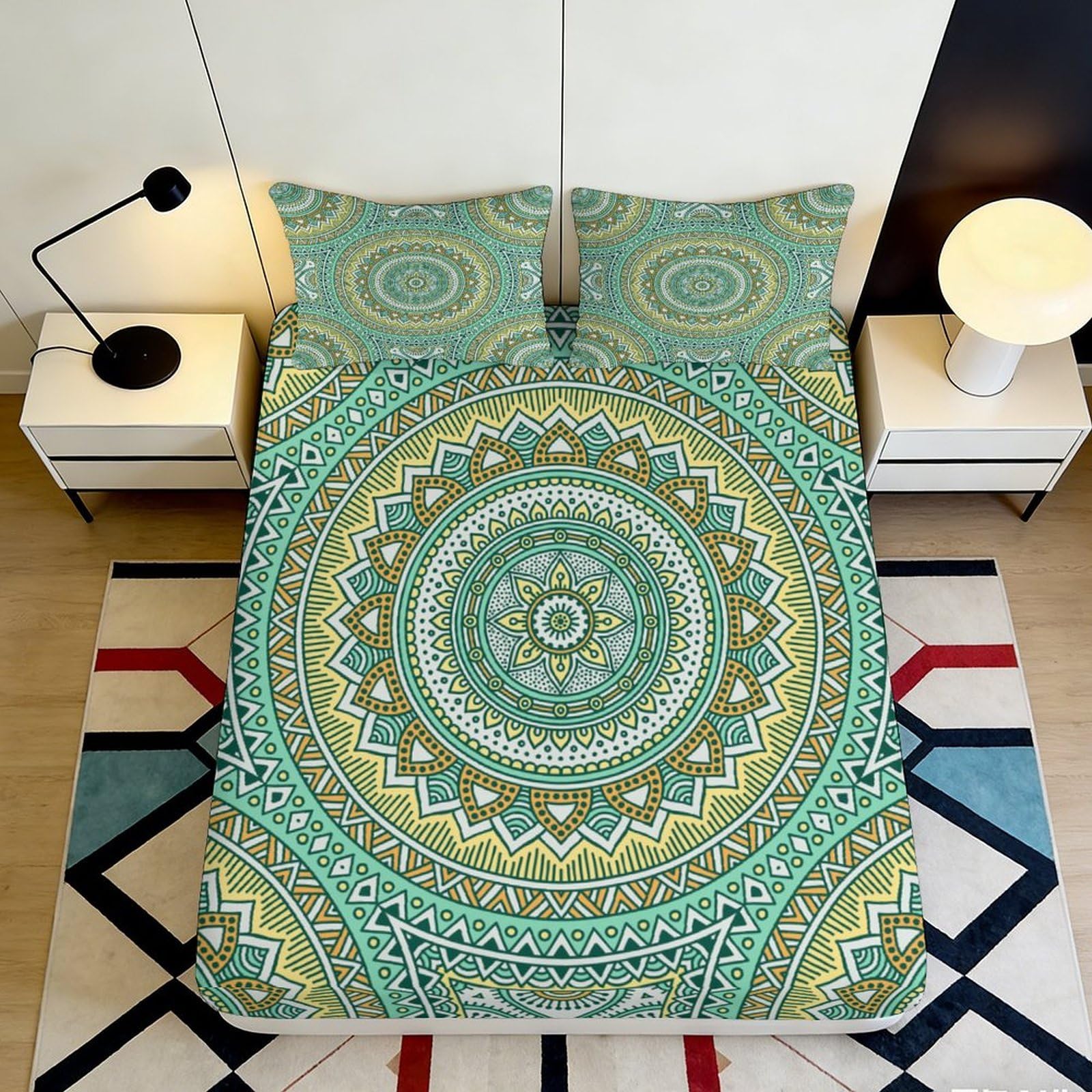 3D Printed Mandala Pattern Fitted Sheet Microfiber Soft Breathable Boho Geometric Mattress Cover for Bedroom Dorm Decor 90x200x25cm