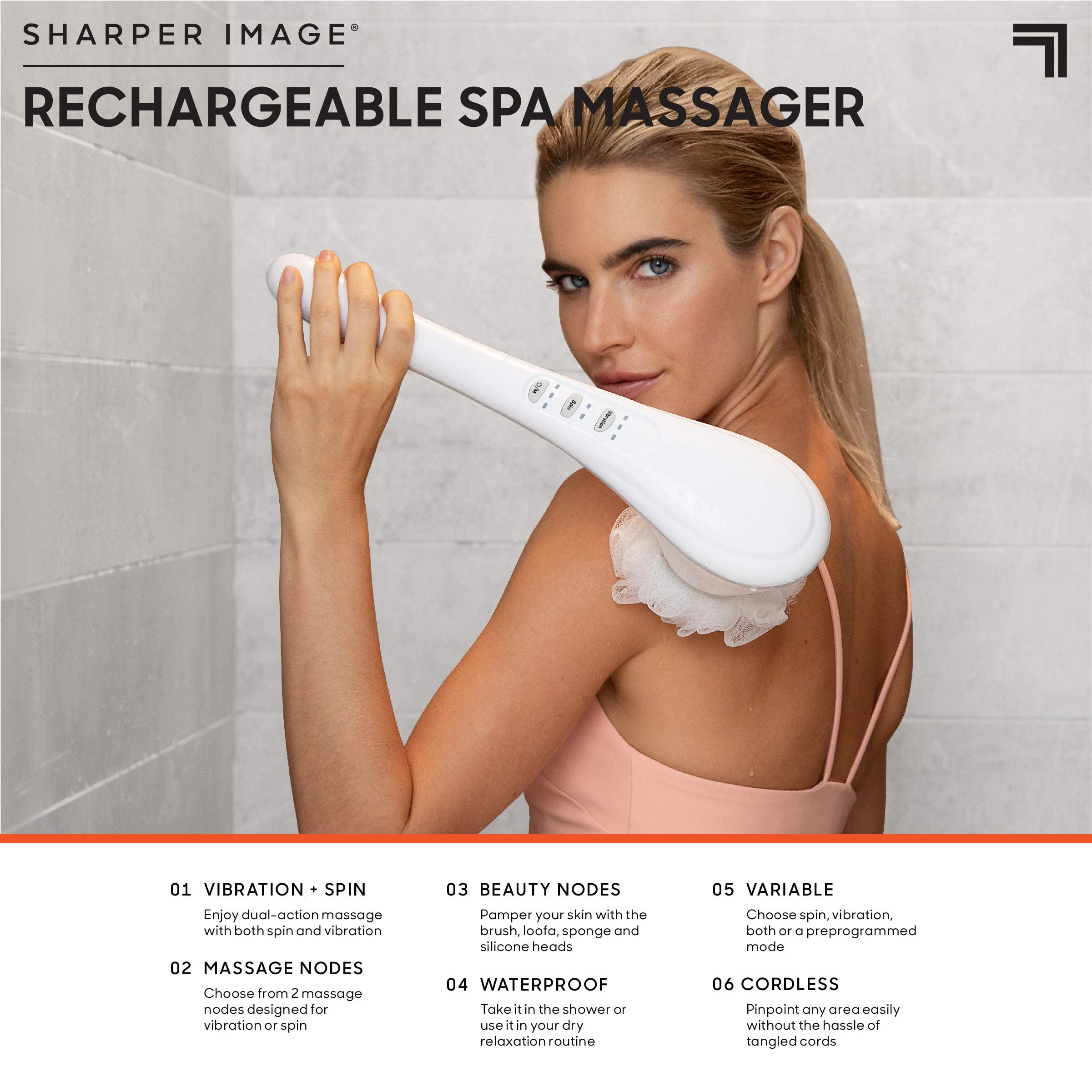 Amazon.com: SHARPER IMAGE Rechargeable Wireless Shower Massager, 5 Unique  Massage and Spa Heads, Portable and Lightweight, Sponge Loofa Pumice Stone,  7 Point Knobby Massage Head, Rejuvenate Your Skin : Health & Household