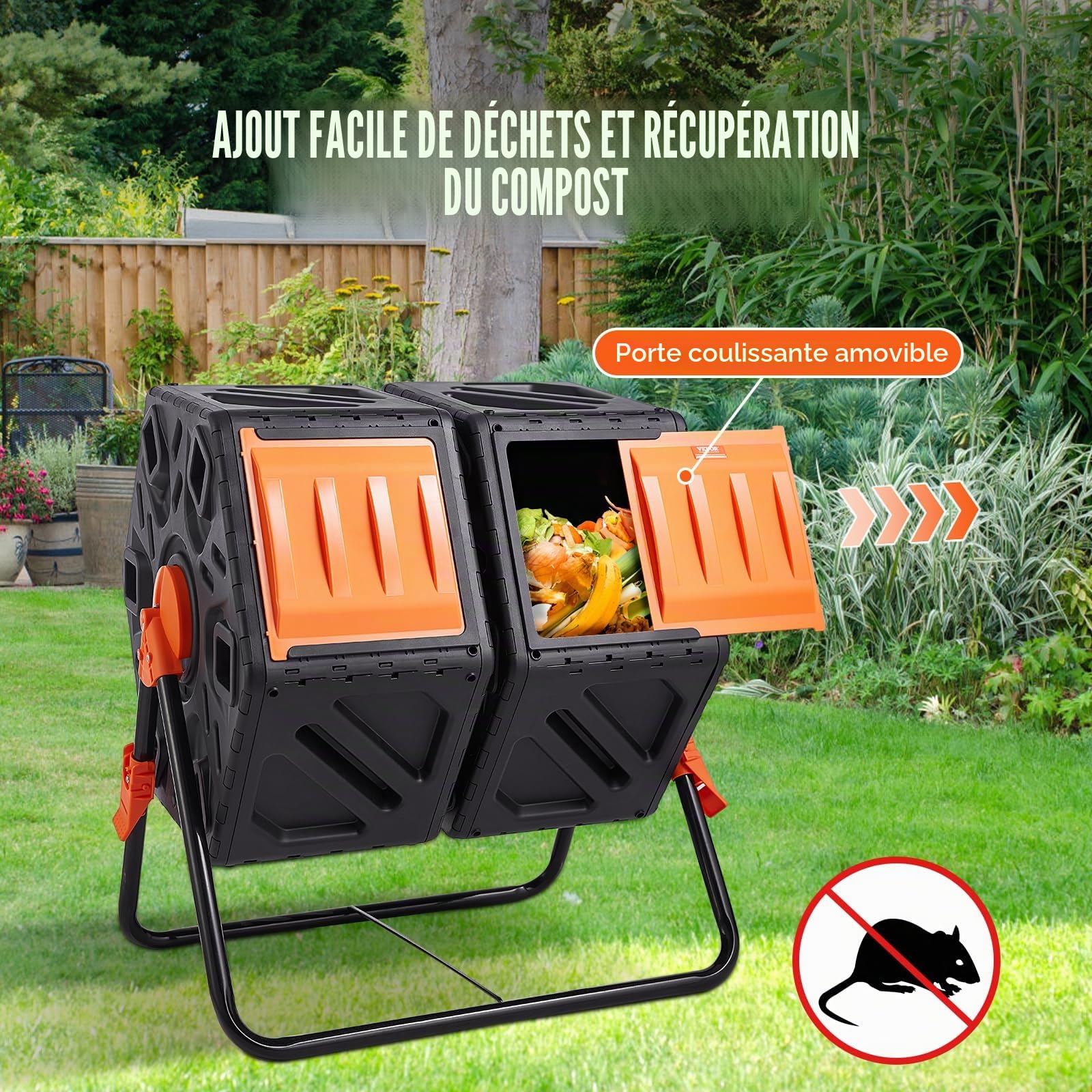 VEVOR Composteur de Jardin Rotatif 140 L Double Chambre Bac à Compost Rotatif à 360° en PP sans BPA Charge 40 kg pour Compostage des Déchets Organiques Cuisine Jardinier Terrasse Patio Extérieur