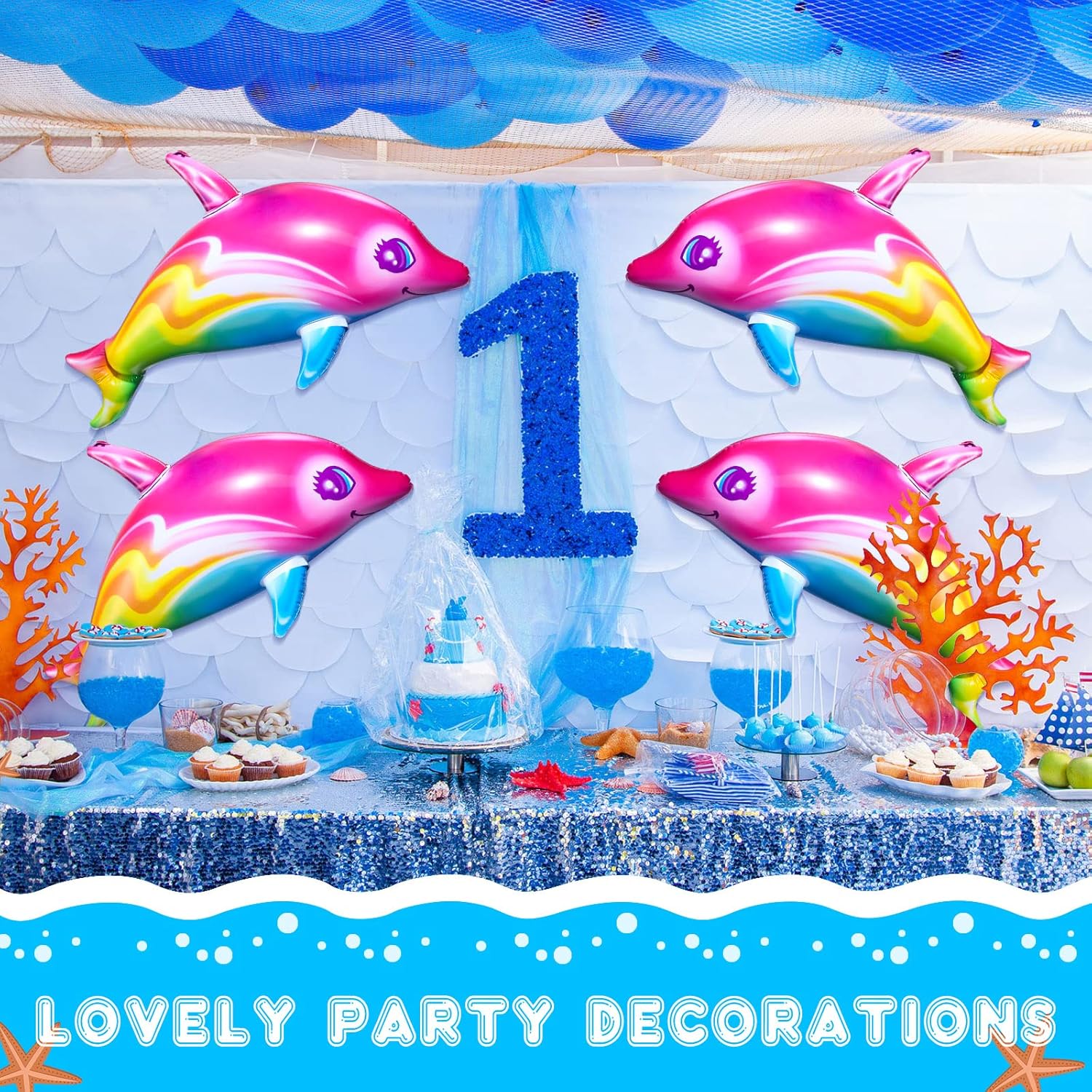 Zhanmai Dolphin Rainbow Inflatable Pool 36 Inch Summer Colorful Pink Poolside Aquatic Themed Decor Inflate Pool Beach Birthday Party Decoration(6 Pieces)