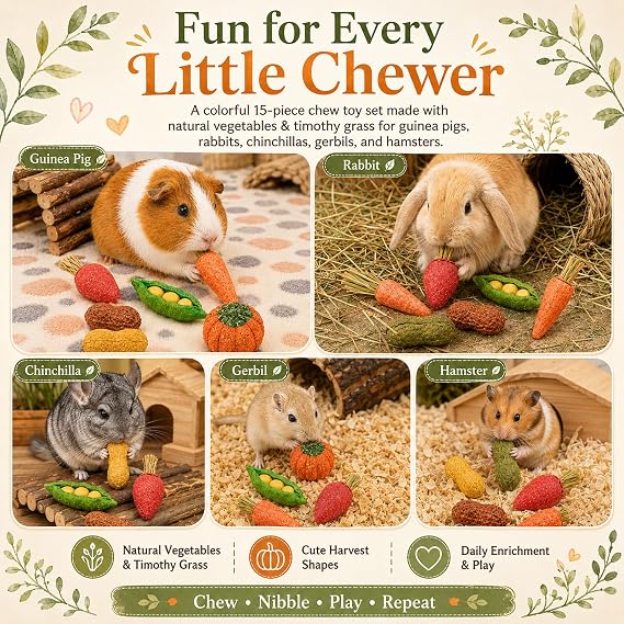 HERCOCCI 15Pcs Guinea Pig Chew Toys, Hamster Toys Prevent Excessive Teeth Growth Natural Vegetables Carrot & Timothy Grass for Guinea Pig Rabbit Chinchillas Gerbil
