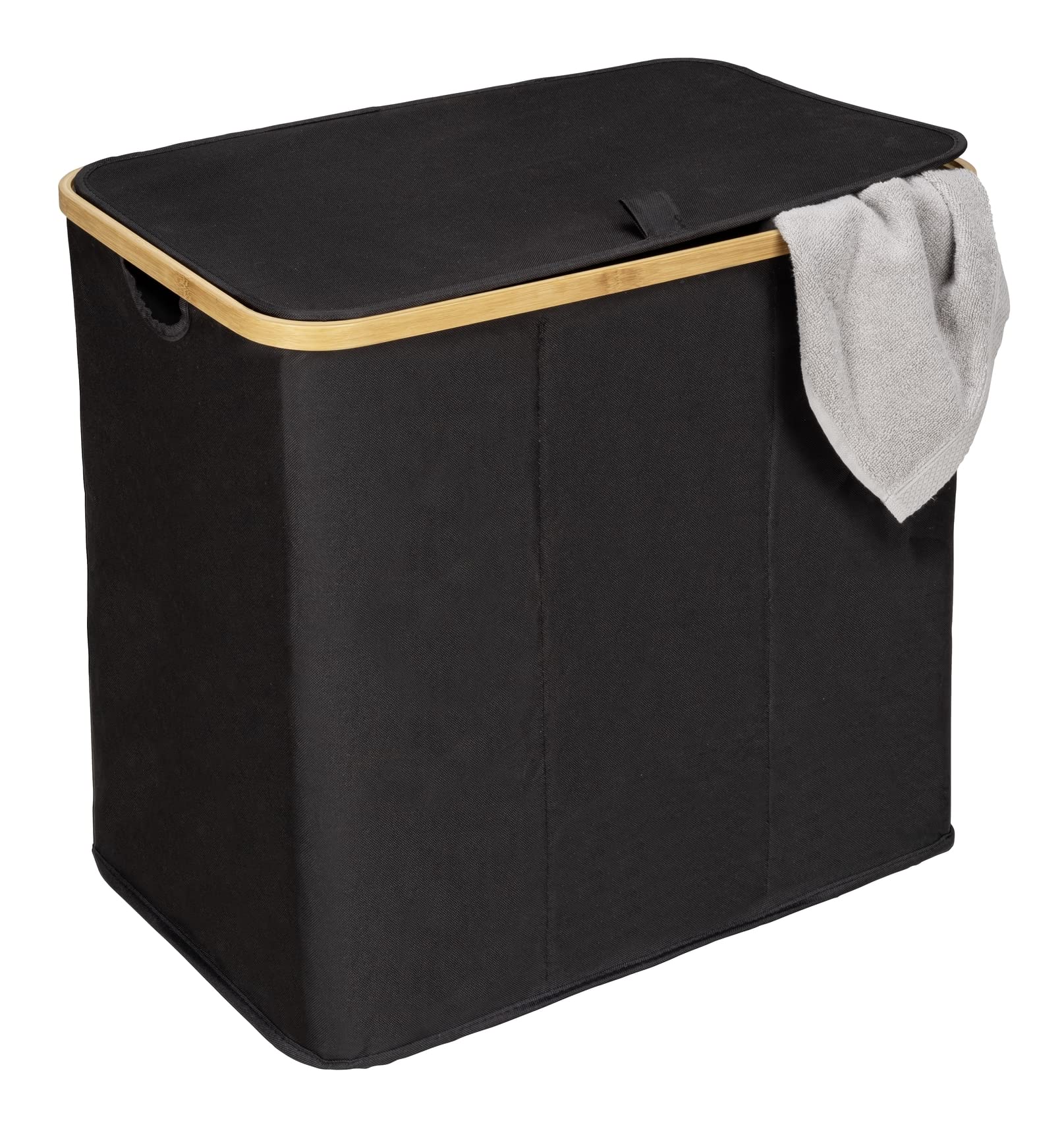 WENKO Wäschetruhe Trio Mod. Ecori, 3 Fächer (je 35 Liter), Rahmen aus FSC®-zertifiziertem Bambus, Wäschesack mit Deckel aus recyceltem Polyester, 57 x 50 x 37 cm, Natur/Schwarz