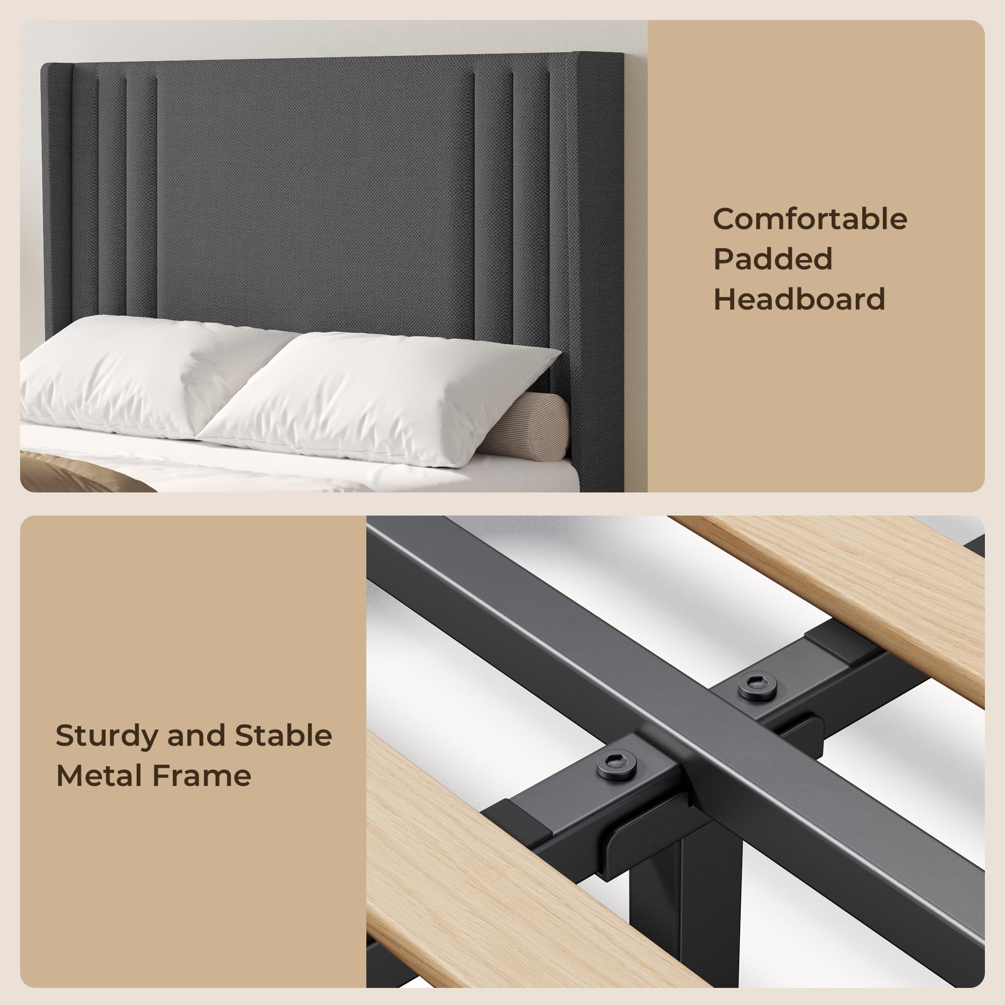 Cama Tapizada 120 x 200 cm, con Cabecero Acolchado y Somier de Lamas de Madera，Espacio bajo la Cama,Montaje Fácil,Cama para Dormitorio de Adultos o Invitados,Gris Oscuro