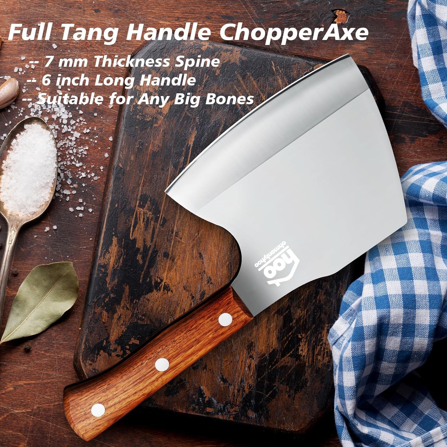 ohmonlyhoo Meat Cleaver Knife Heavy Duty, 6'' Cleaver knife for Meat Cutting, Axe Bone Chopper Knife Bone Breaker Knife,Butcher Knife 7mm Thickness Pear Wood Handle for Kitchen and Restaurant