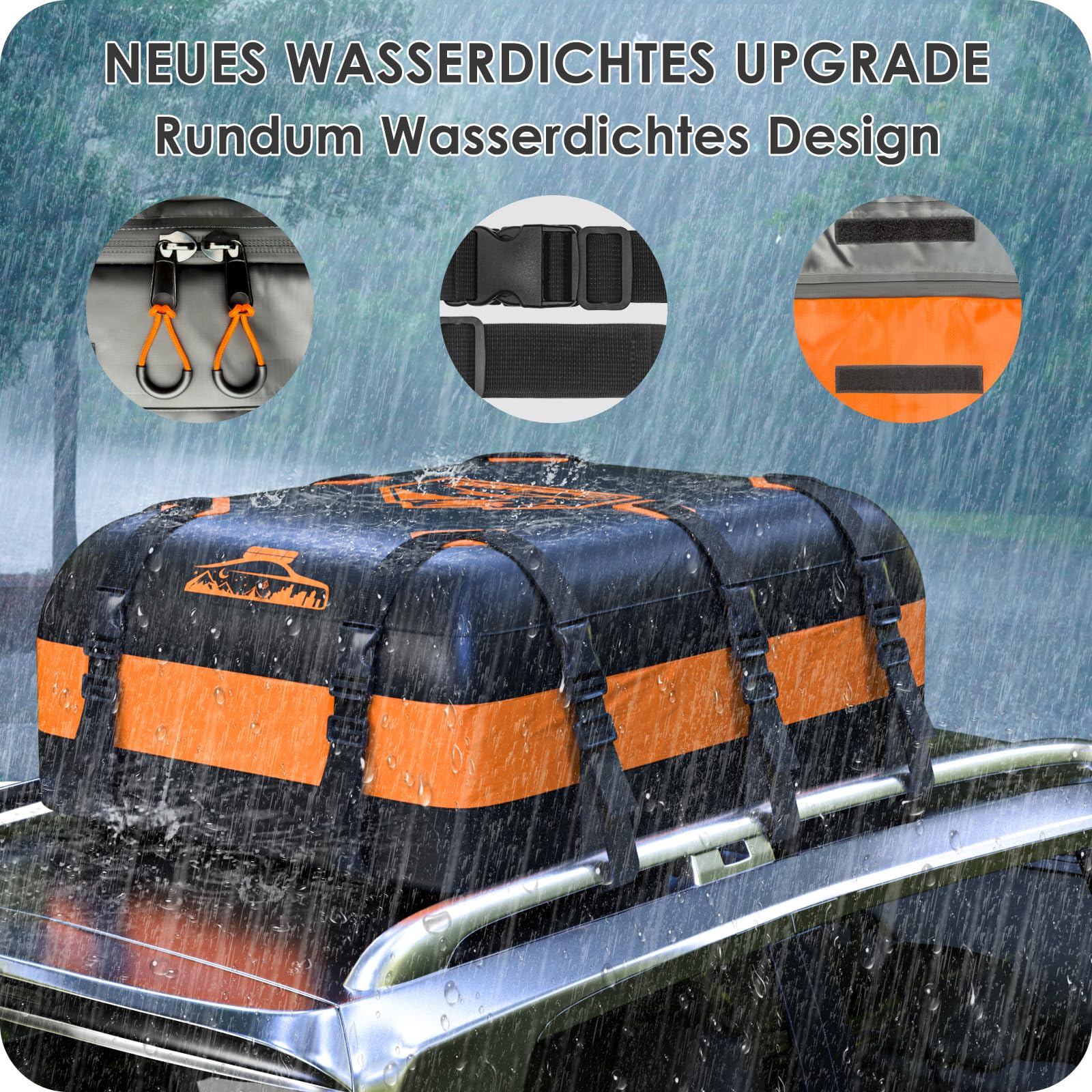 Dachbox Faltbar 15-21 Kubikmeter, 700D Wasserdicht Dachbox Auto, Dachbox mit Anti-Rutsch-Matte und 6 Hochleistung Riemen (20 Kubikmeter-Orange)