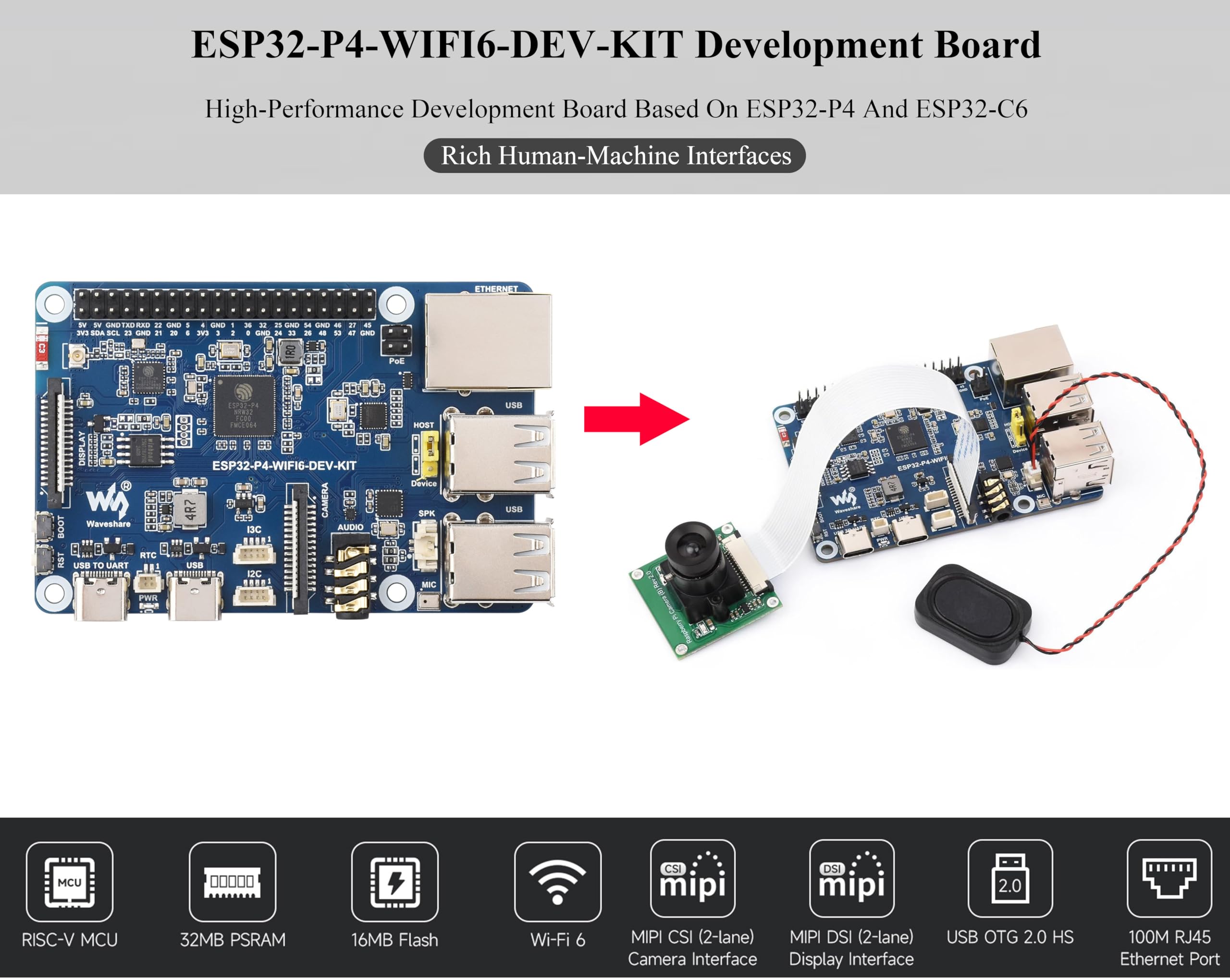 AI ESP32-P4-WIFI6-DEV-KIT Development Board, Based On ESP32-P4 i ESP32-C6, obsługuje Wi-Fi 6/Bluetooth 5 / BLE 5, bogate interfejsy człowieka maszyny, obsługuje interakcję AI Speech Interaction, z