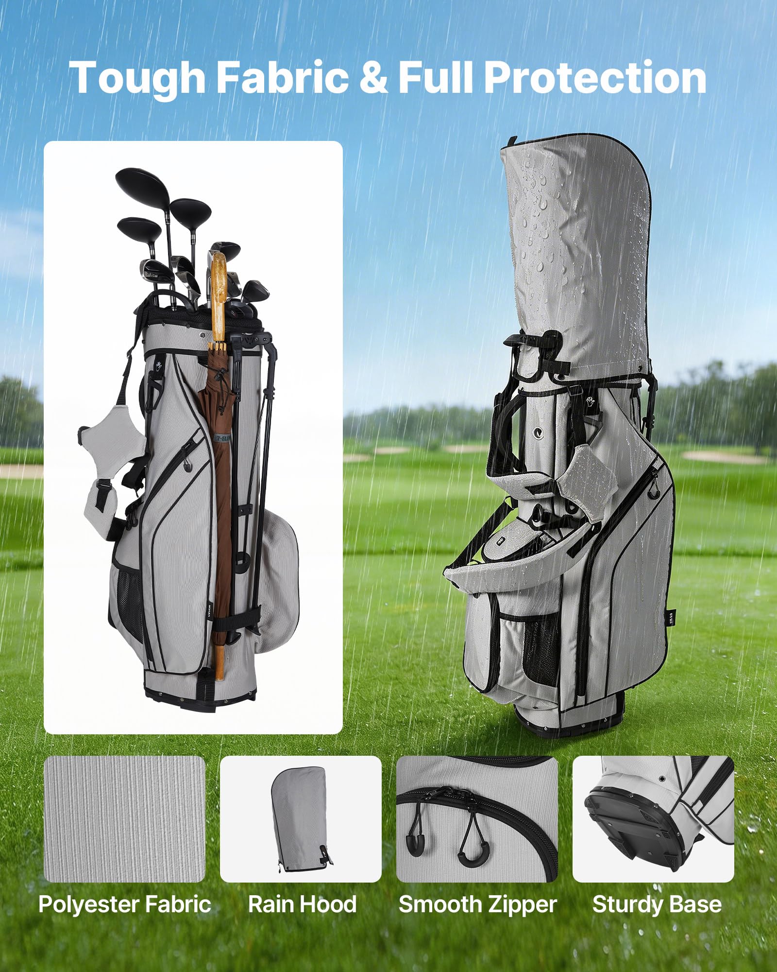 VEVOR Borsa da Golf Portaoggetti Mazze, Borsa da Golf con Supporto da Pavimento Tracolla Doppia Copertura Antipioggia, Materiale in Poliestere Rivestimento Interno in PU 210D 420 x 260 x 930 mm
