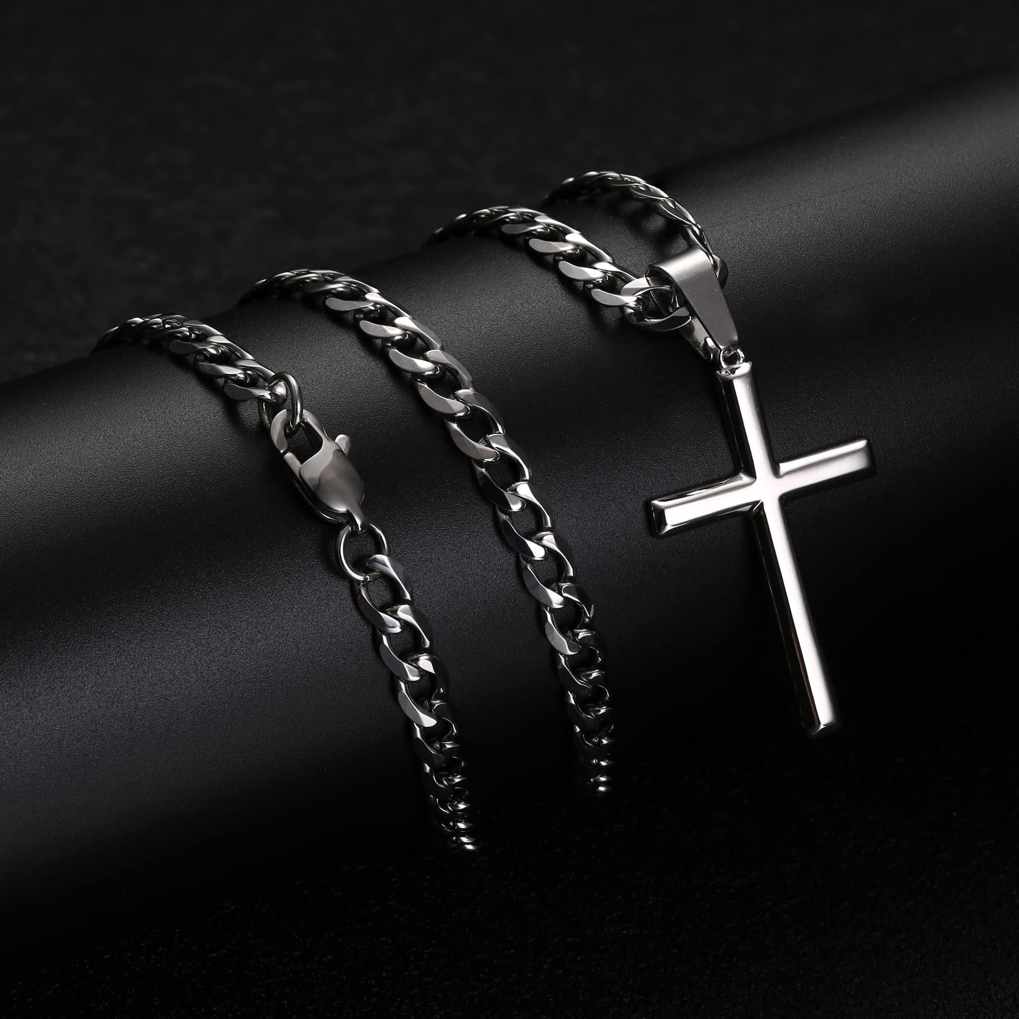 Chriscoco Collar Cruz Hombre Plata de Ley 925 Hombre Mujer 5MM Acero Inoxidable Cubano Cadena Collar con Colgante Cruz Cadena Plata para Hombre y Niños